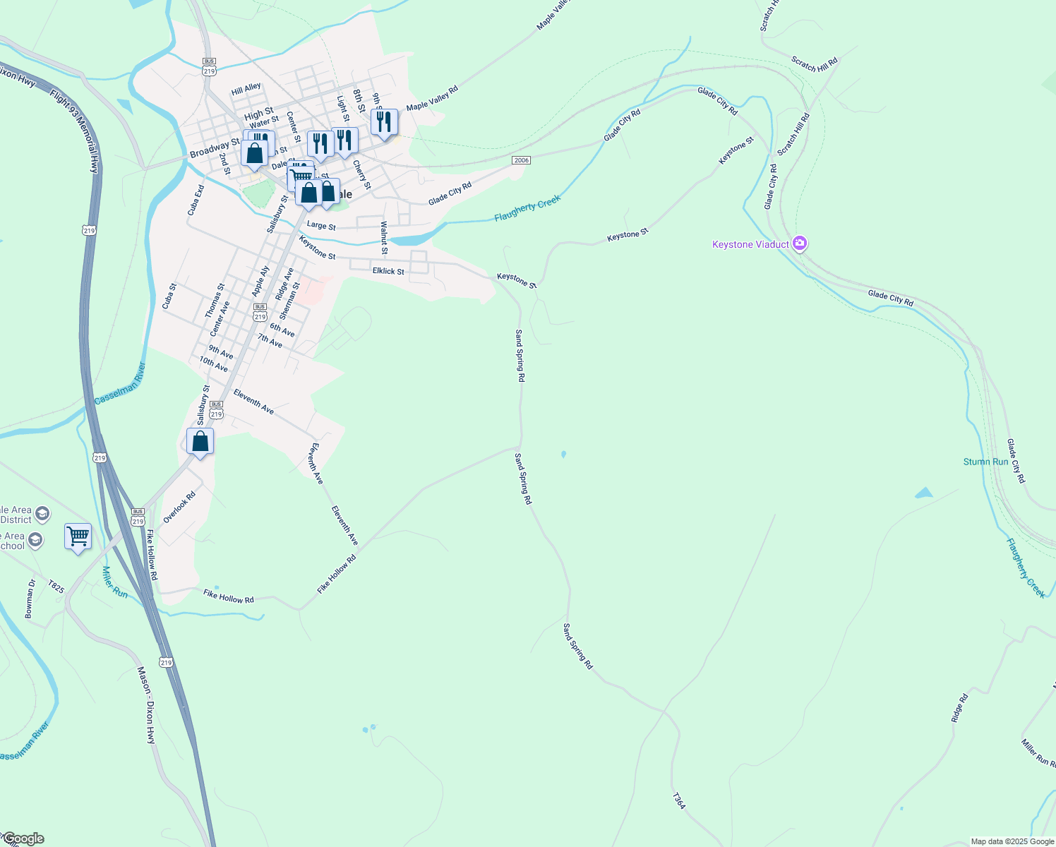 map of restaurants, bars, coffee shops, grocery stores, and more near 687 Sand Spring Road in Meyersdale