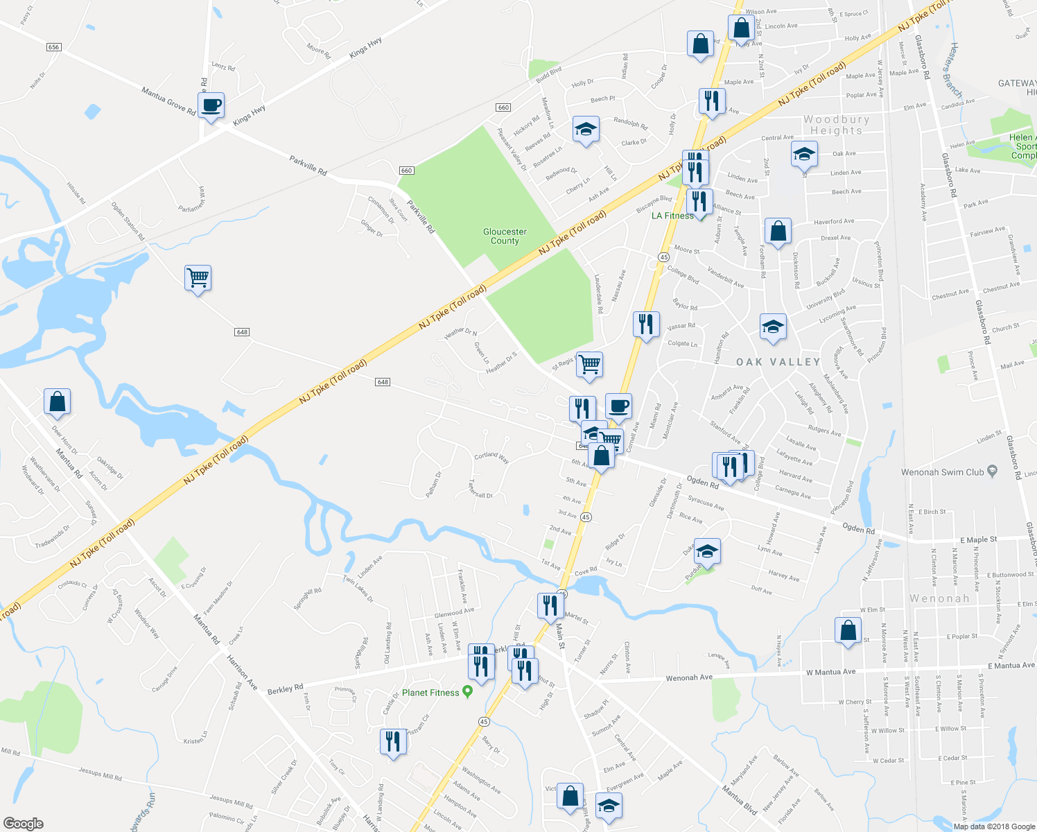 map of restaurants, bars, coffee shops, grocery stores, and more near 318 Coventry Court in Mantua Township