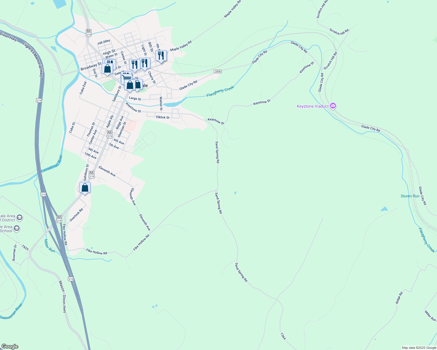 map of restaurants, bars, coffee shops, grocery stores, and more near 687 Sand Spring Road in Meyersdale