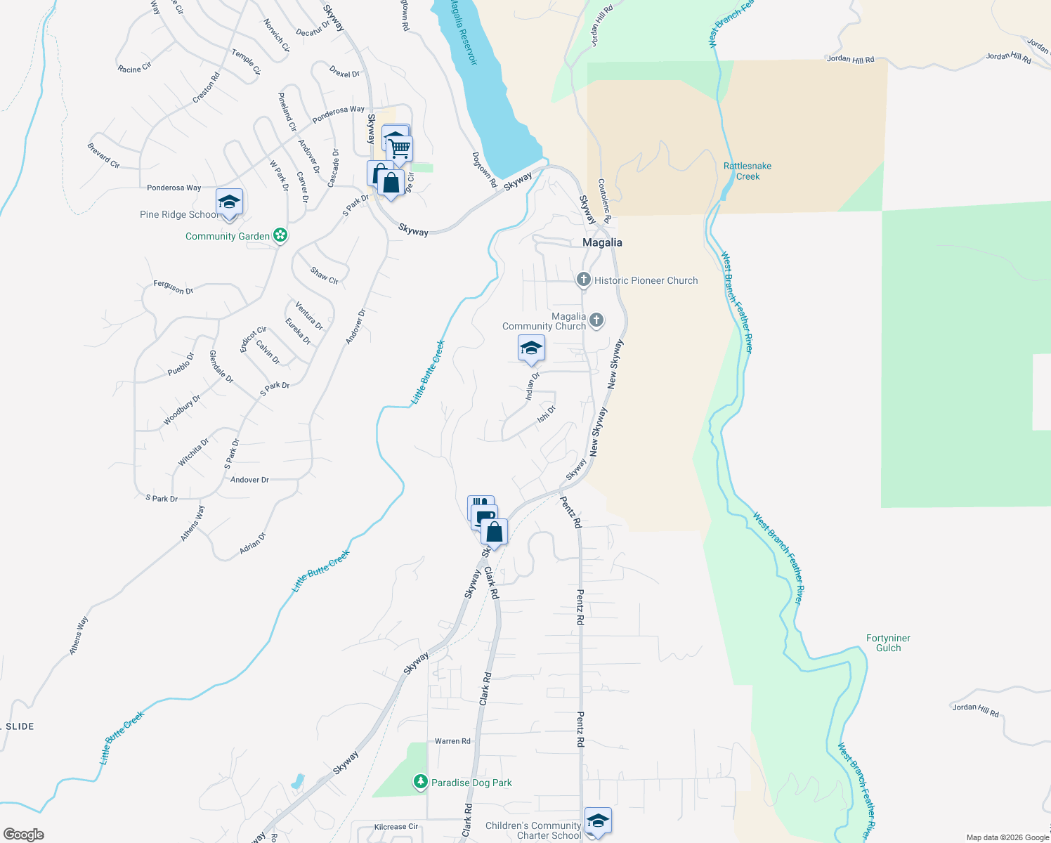 map of restaurants, bars, coffee shops, grocery stores, and more near 6703 Ishi Drive in Magalia