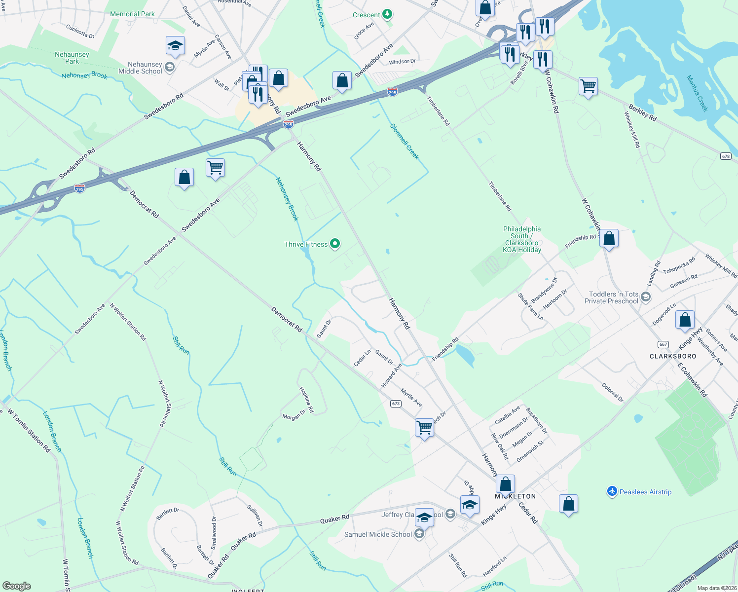 map of restaurants, bars, coffee shops, grocery stores, and more near 415 Country Way in Mickleton