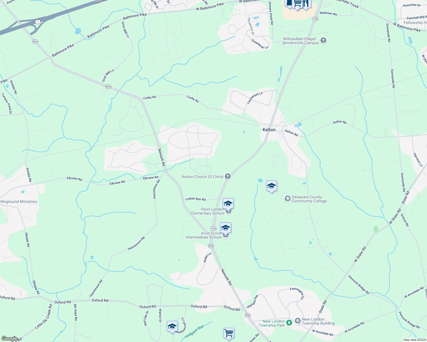 map of restaurants, bars, coffee shops, grocery stores, and more near 562 Hodgson Circle in West Grove