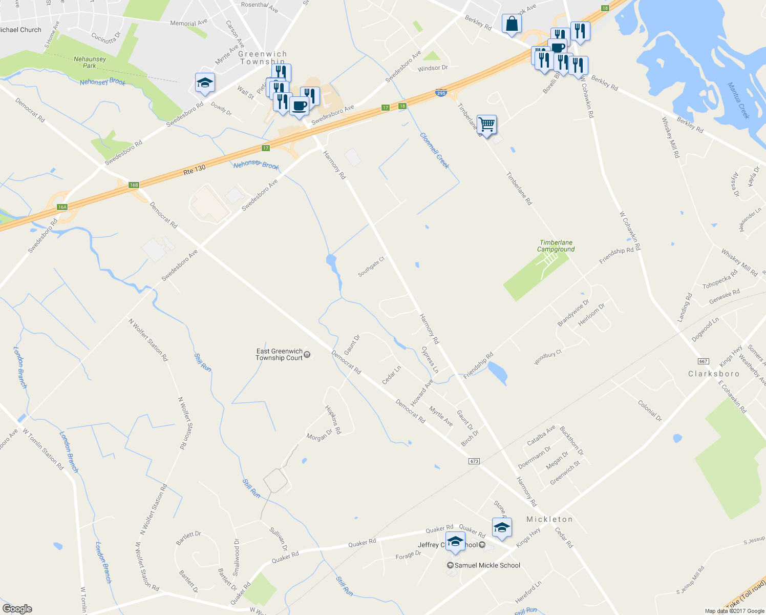 map of restaurants, bars, coffee shops, grocery stores, and more near 435 Country Way in Mickleton