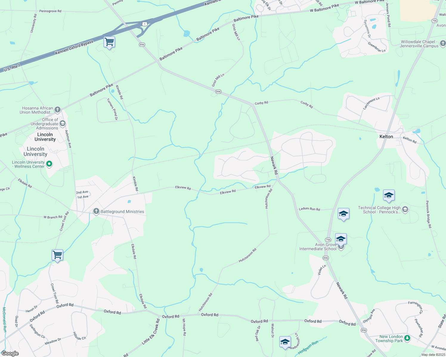 map of restaurants, bars, coffee shops, grocery stores, and more near 30 Allsmeer Drive in West Grove