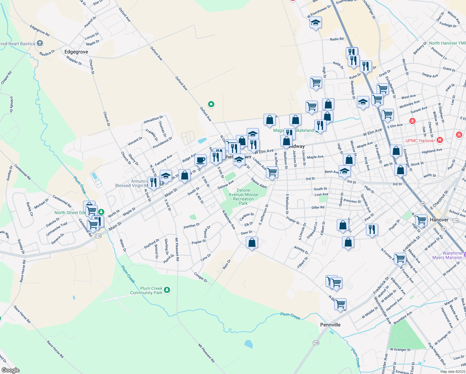 map of restaurants, bars, coffee shops, grocery stores, and more near 609 Cricket Lane in McSherrystown