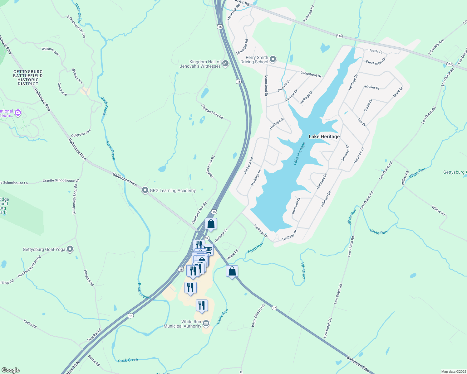 map of restaurants, bars, coffee shops, grocery stores, and more near 12 Jackson Rd in Gettysburg