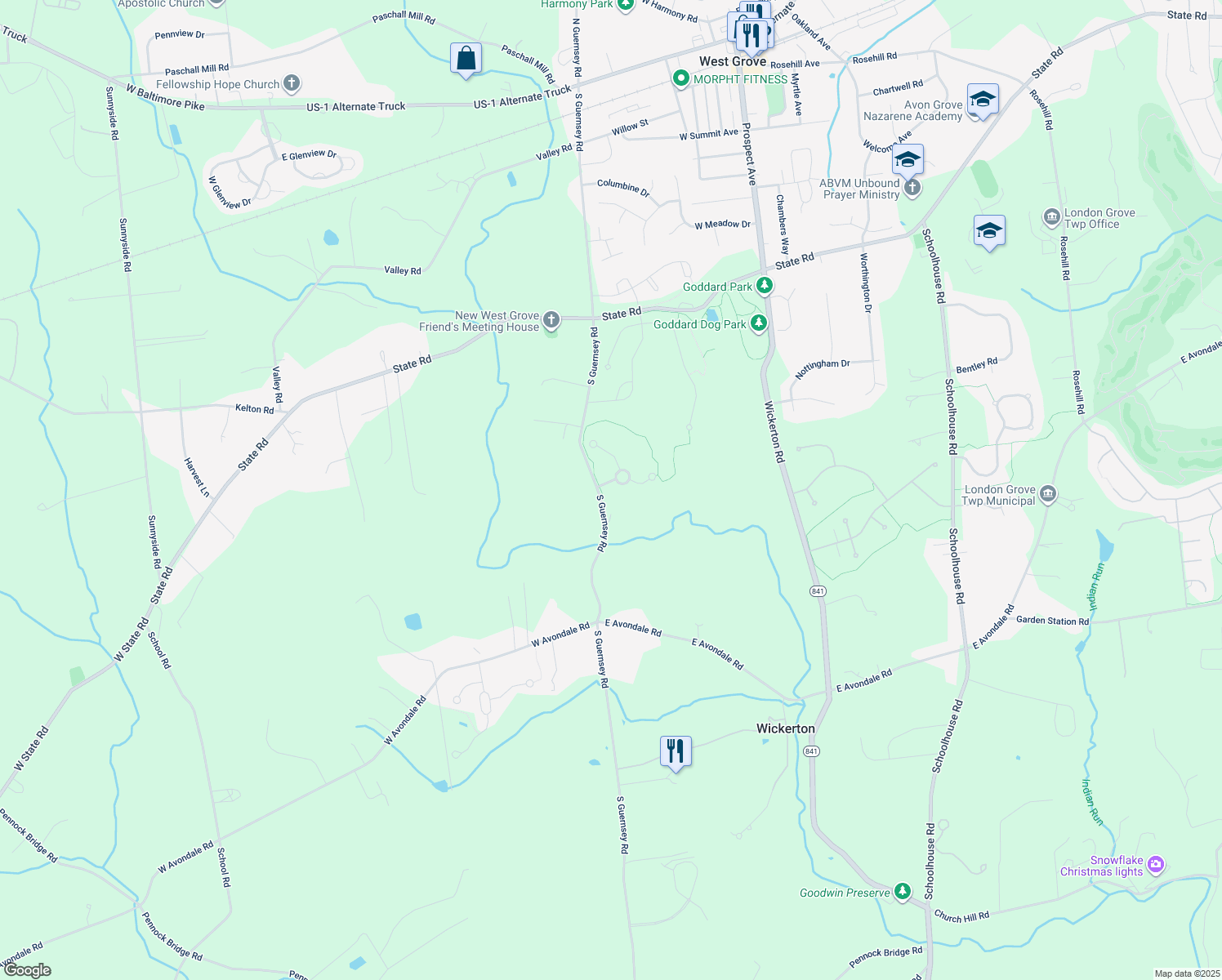map of restaurants, bars, coffee shops, grocery stores, and more near 4 Gouge Boulevard in West Grove