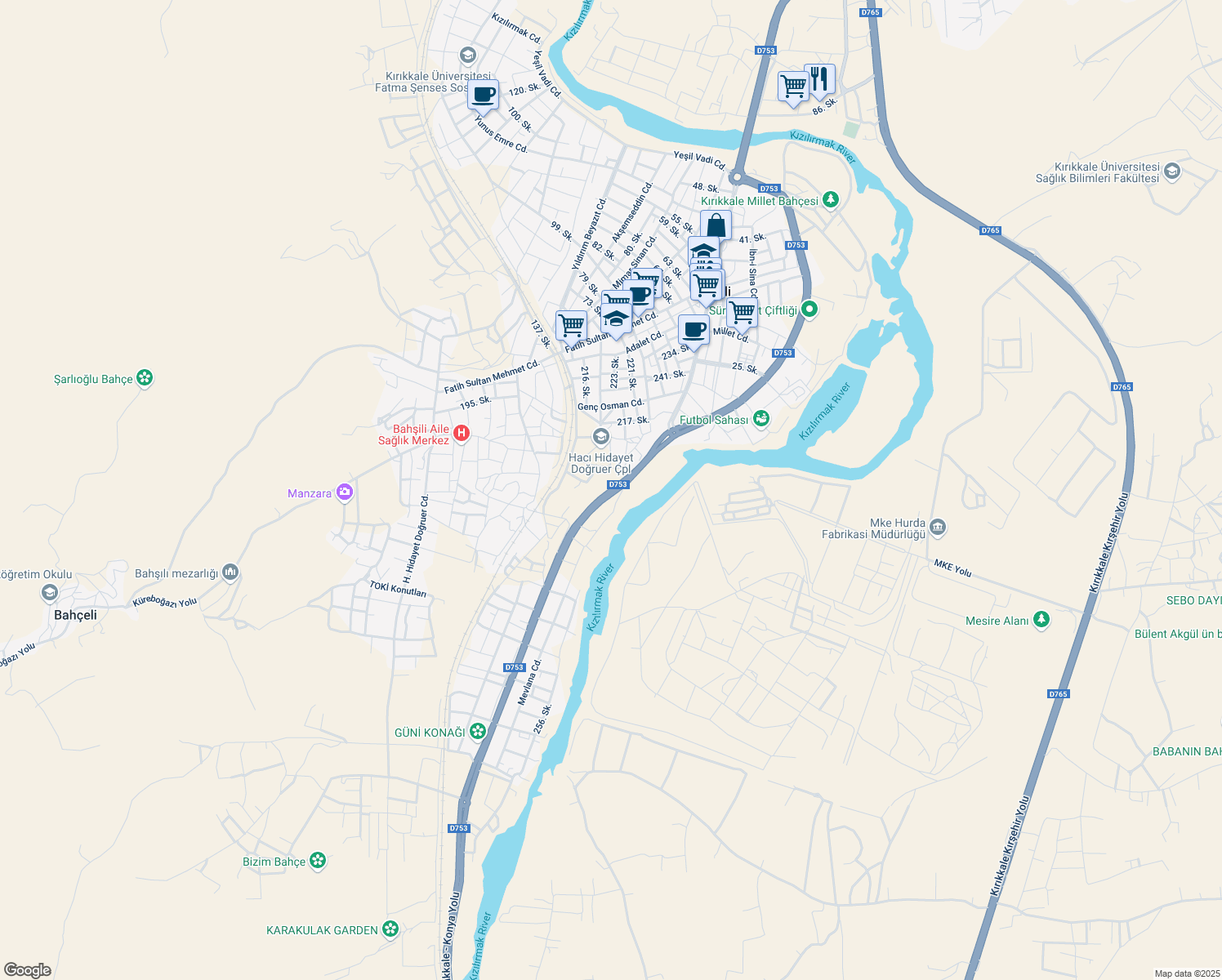 map of restaurants, bars, coffee shops, grocery stores, and more near 186 Atatürk Bulvarı in Bahşili