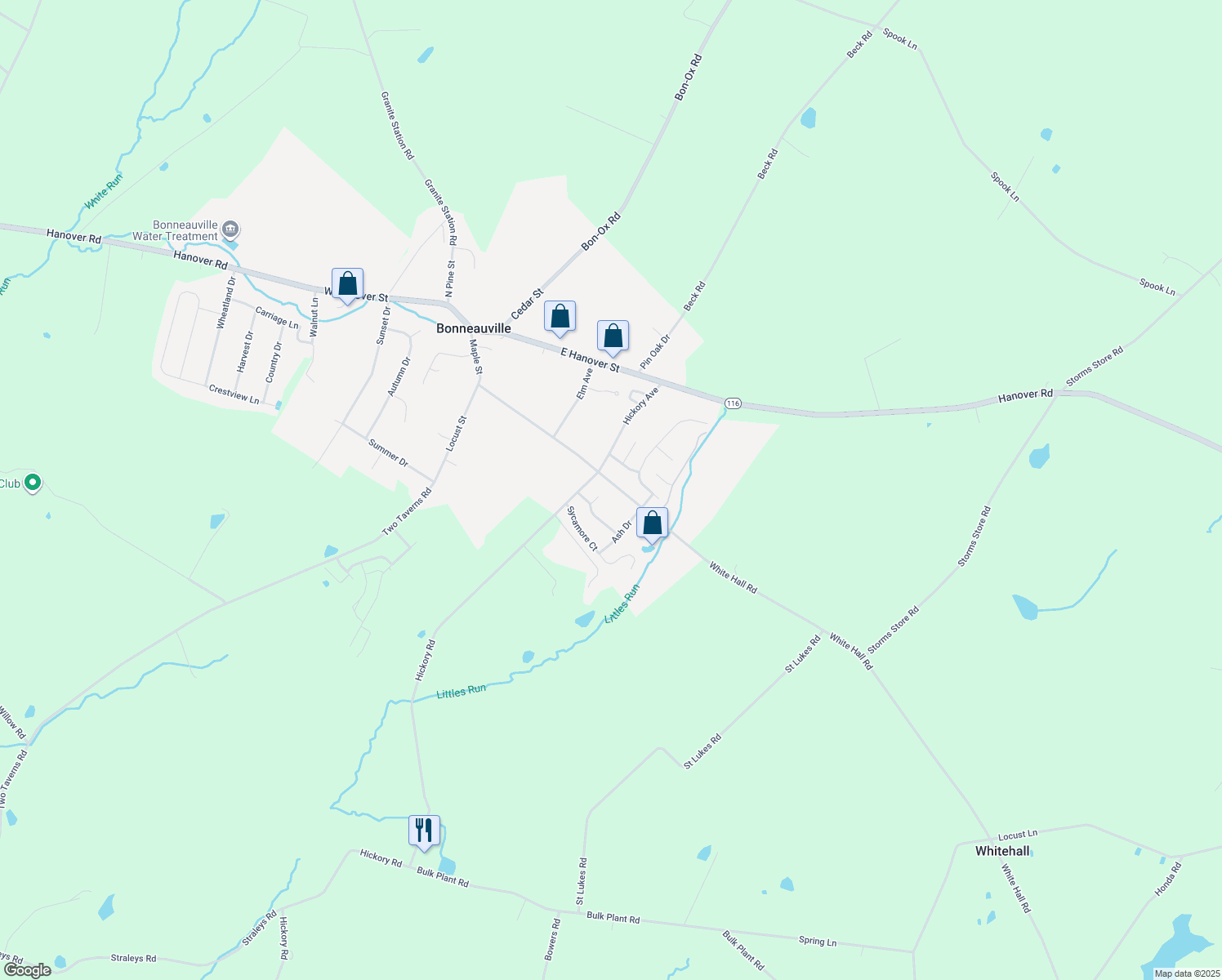 map of restaurants, bars, coffee shops, grocery stores, and more near 80 Maple Street in Littlestown