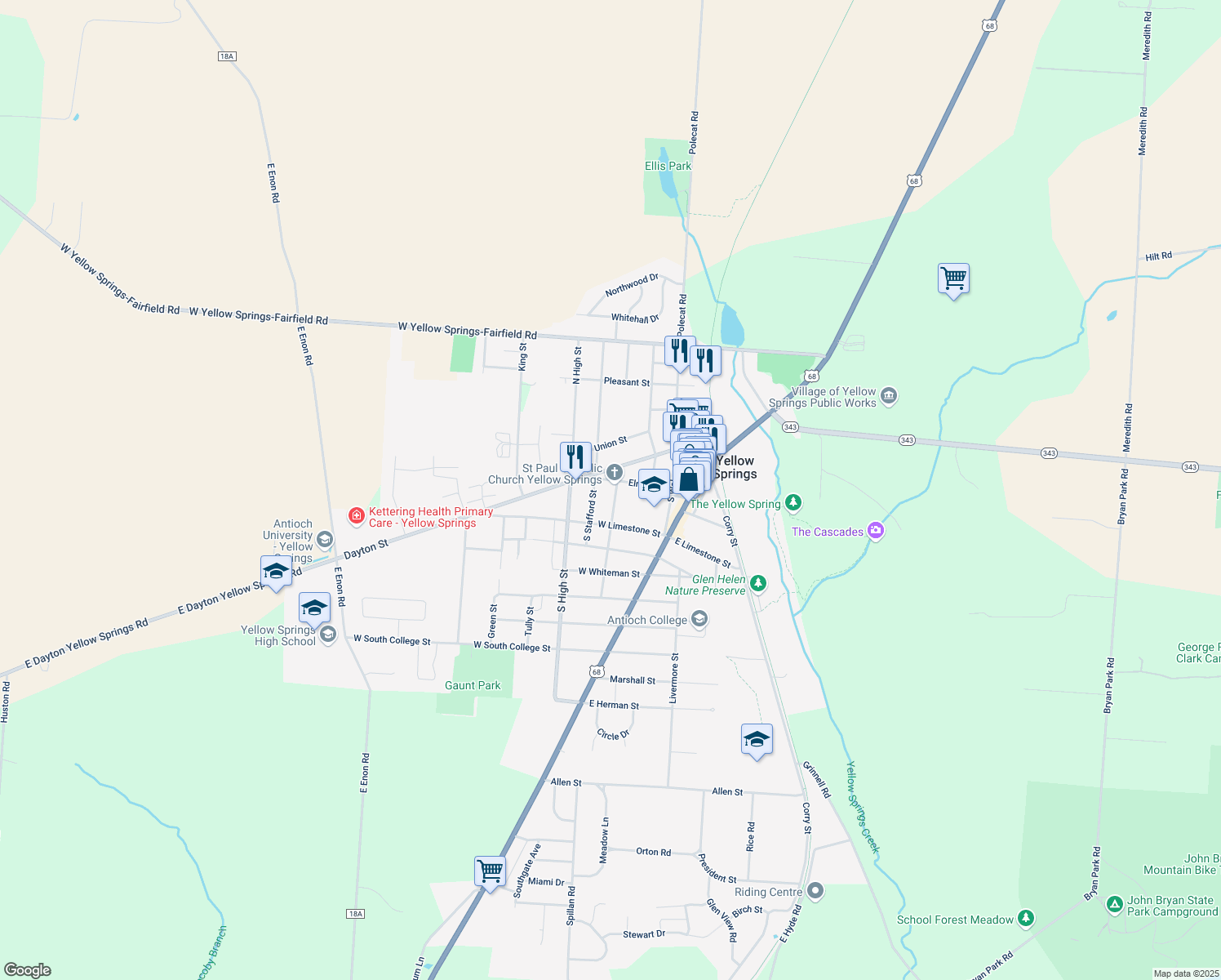 map of restaurants, bars, coffee shops, grocery stores, and more near 310 Phillips St in Yellow Springs
