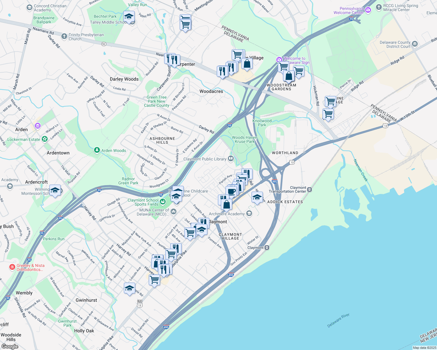 map of restaurants, bars, coffee shops, grocery stores, and more near 3858 Green Street in Claymont