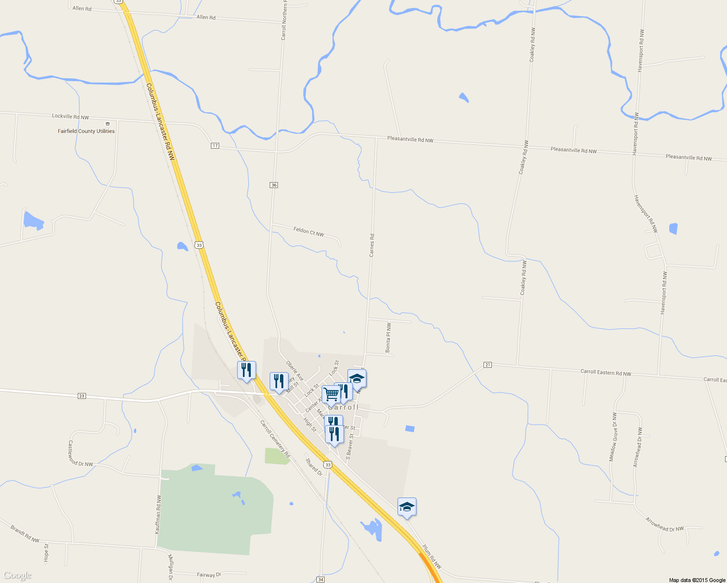 map of restaurants, bars, coffee shops, grocery stores, and more near 5295 Carnes Road in Carroll