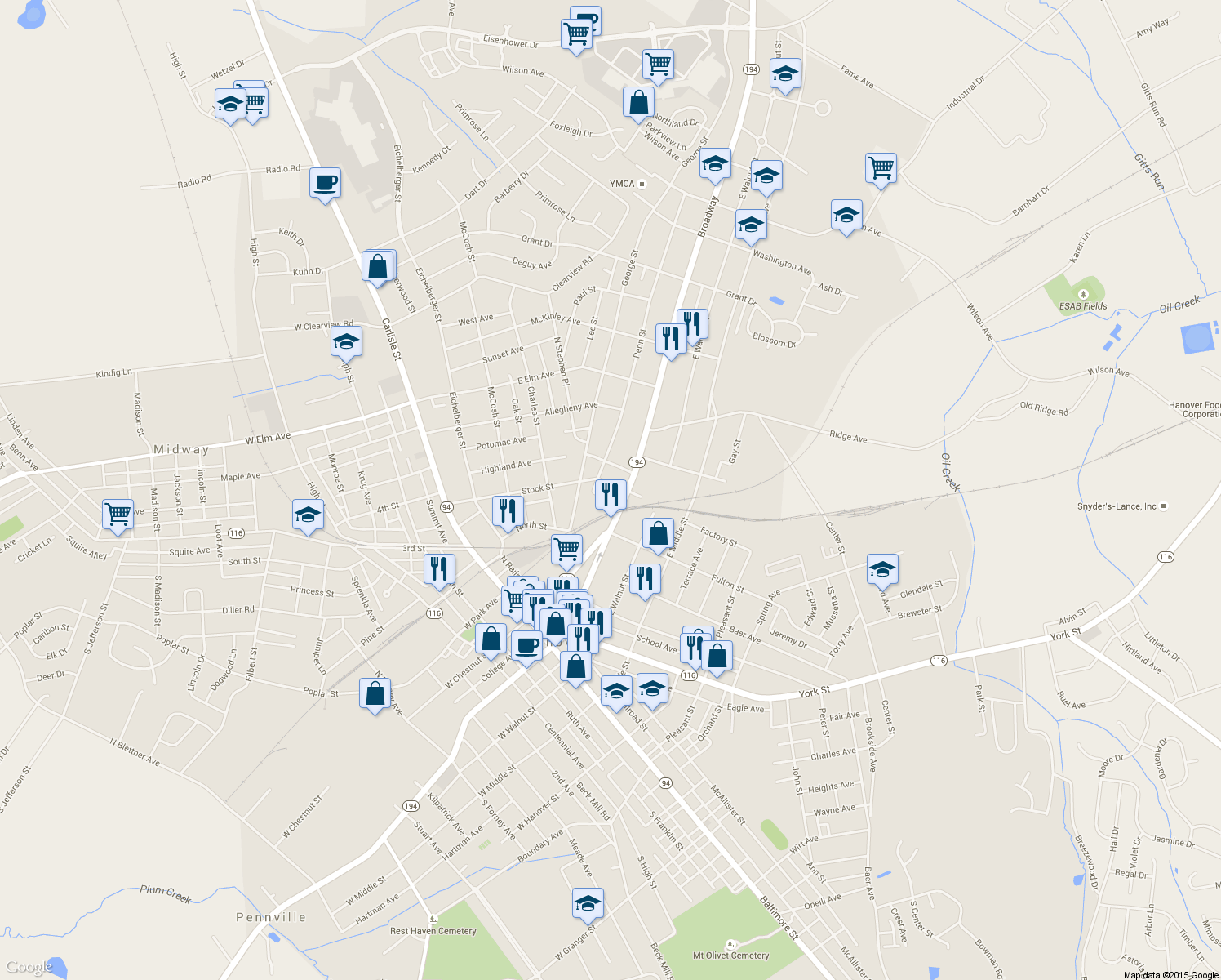 map of restaurants, bars, coffee shops, grocery stores, and more near 513 Stock Street in Hanover