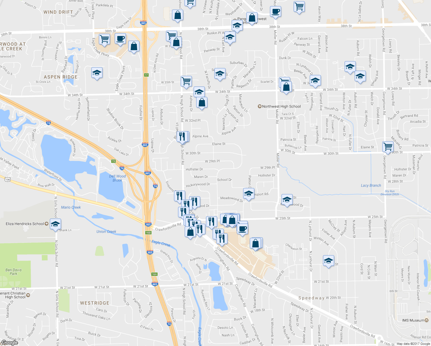 map of restaurants, bars, coffee shops, grocery stores, and more near 2836 Parkwood Drive in Speedway