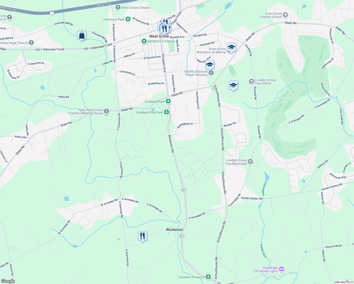 map of restaurants, bars, coffee shops, grocery stores, and more near 5 Nottingham Drive in West Grove