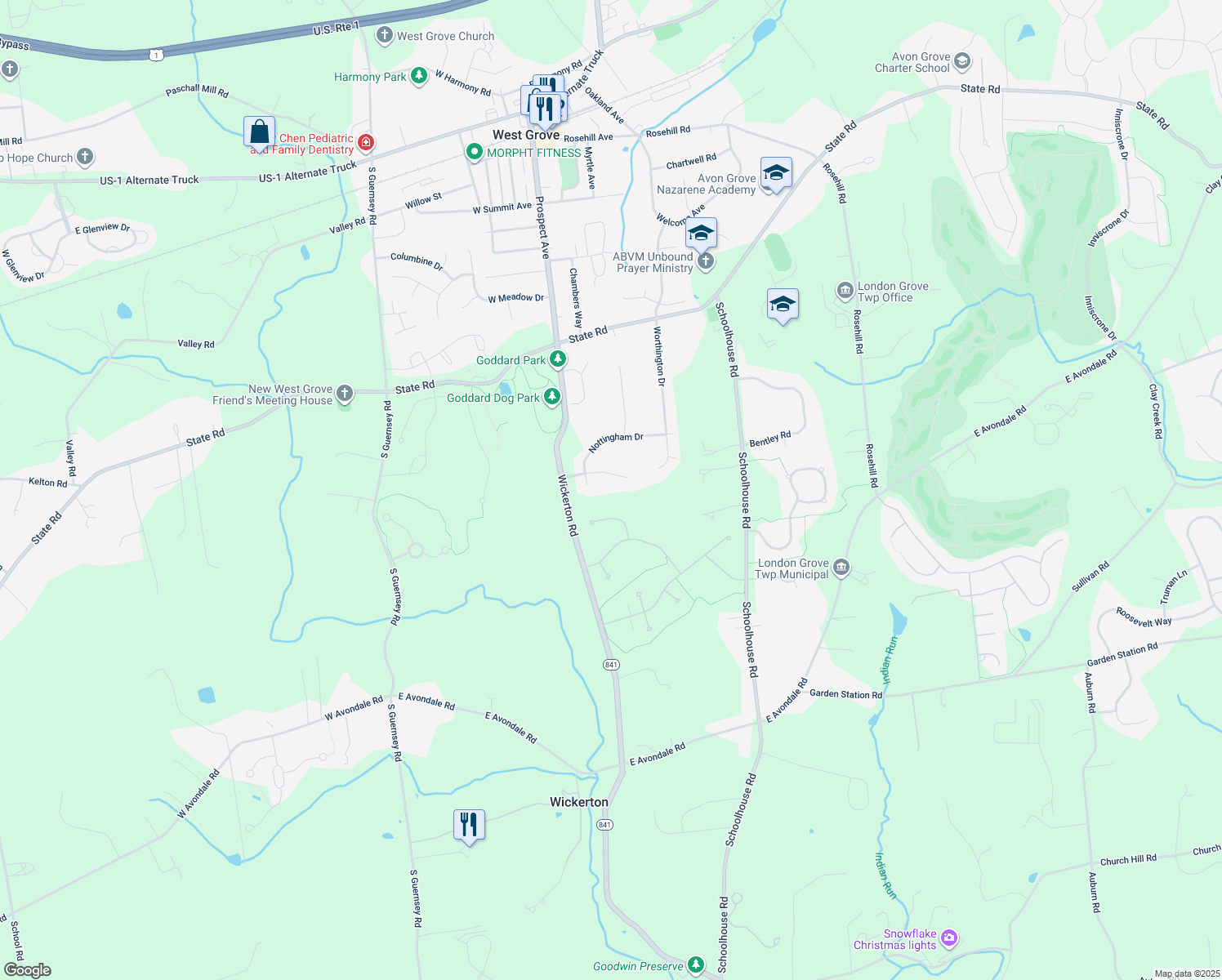 map of restaurants, bars, coffee shops, grocery stores, and more near 14 Stratford Drive in West Grove