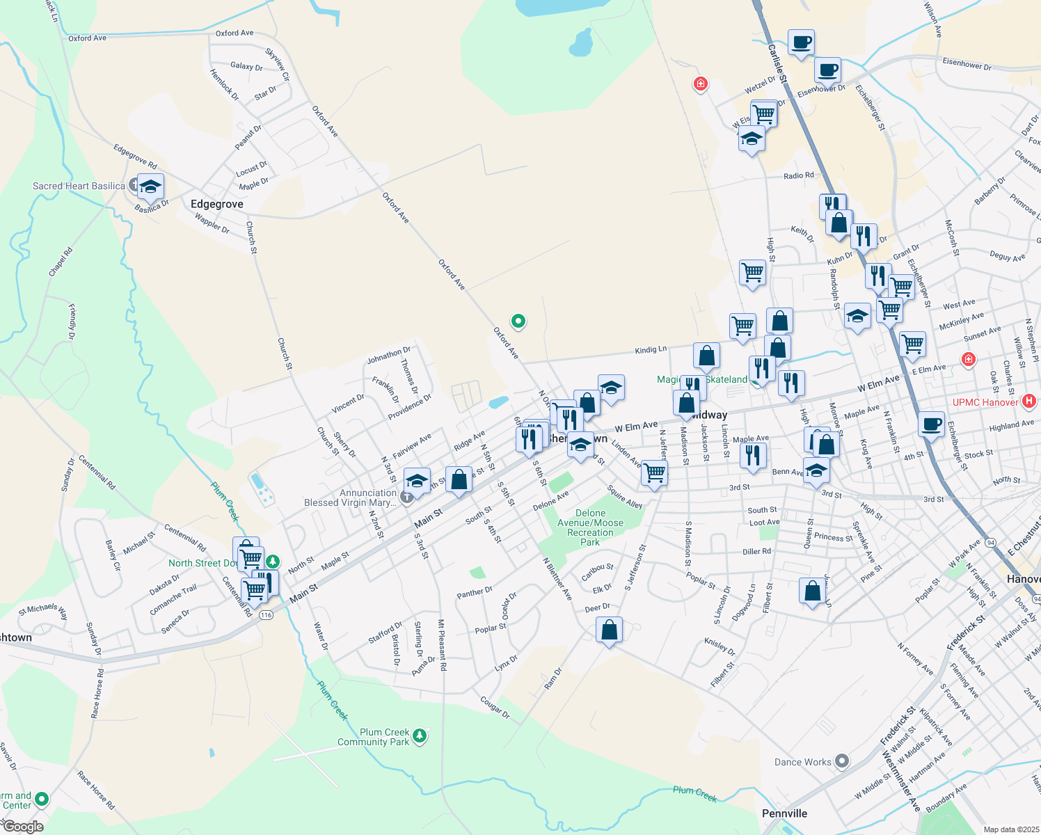 map of restaurants, bars, coffee shops, grocery stores, and more near 600 Ridge Ave in McSherrystown
