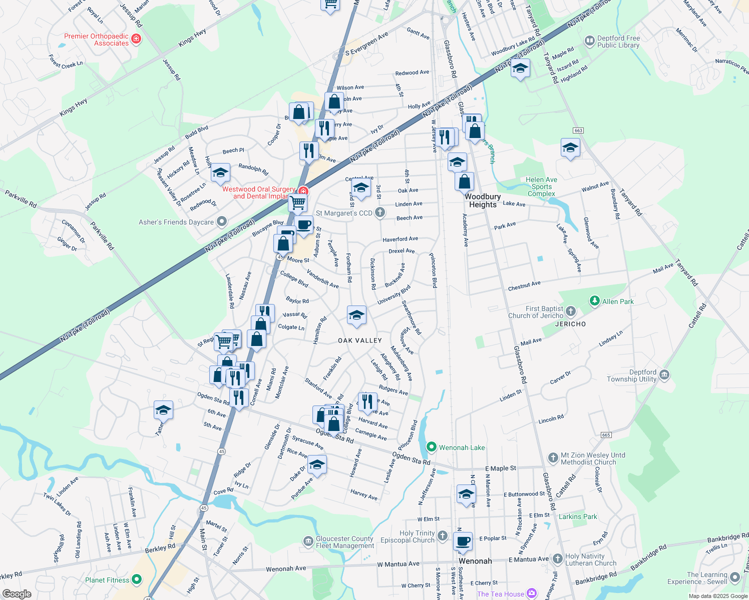 map of restaurants, bars, coffee shops, grocery stores, and more near 500 University Boulevard in Wenonah