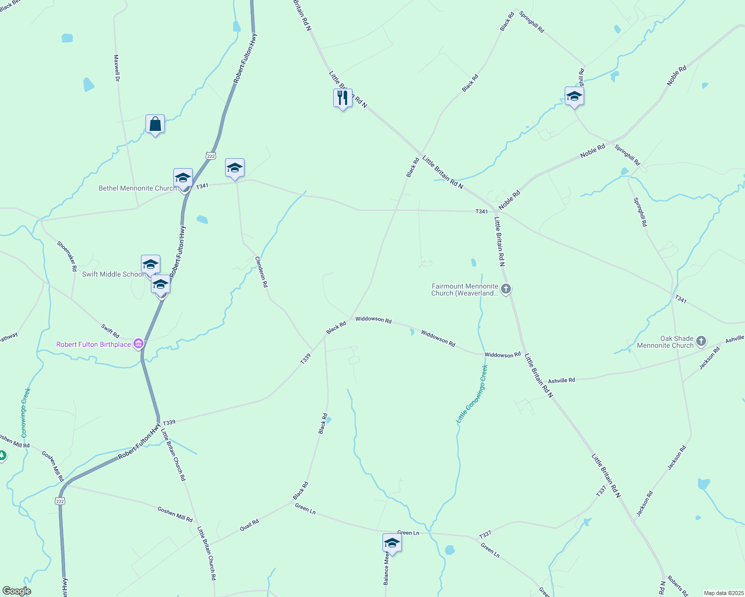 map of restaurants, bars, coffee shops, grocery stores, and more near 225 Black Rd in Quarryville