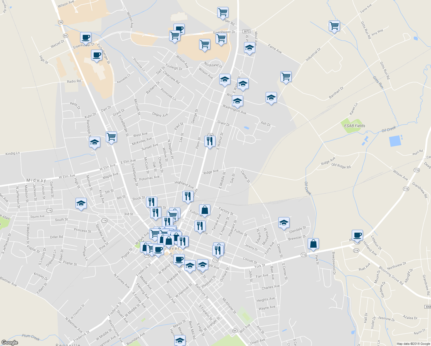 map of restaurants, bars, coffee shops, grocery stores, and more near 23 Ridge Avenue in Hanover