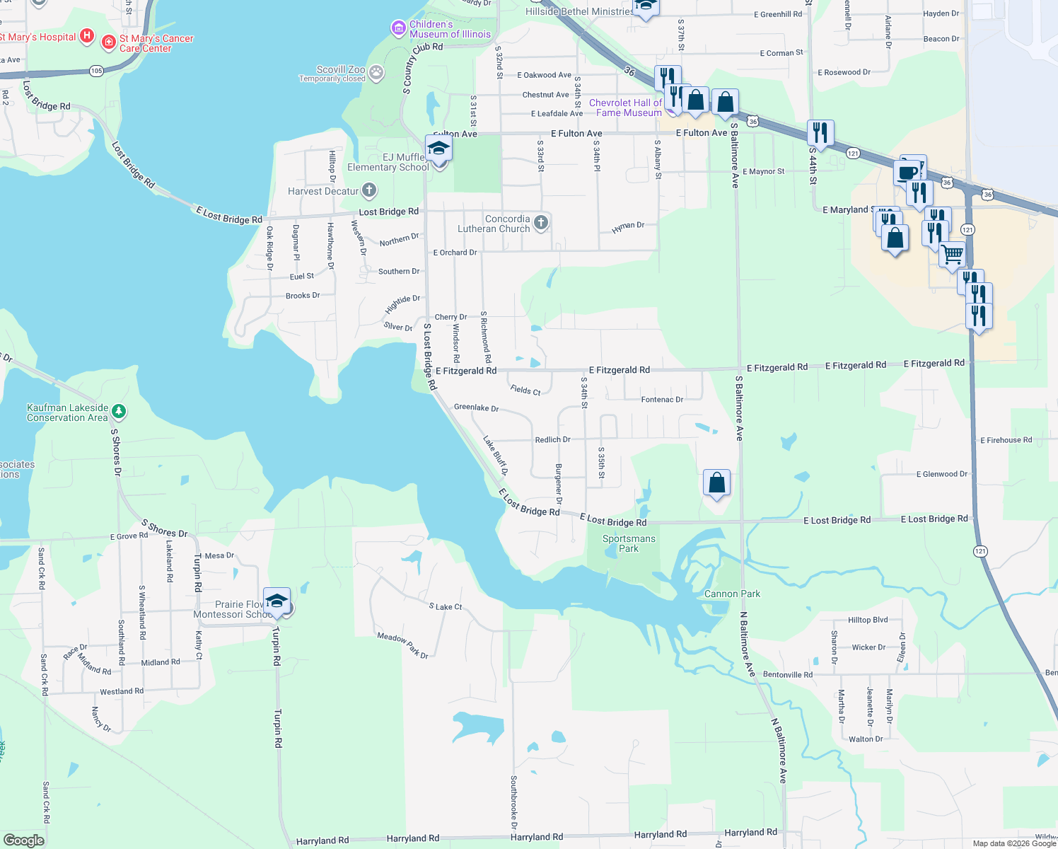 map of restaurants, bars, coffee shops, grocery stores, and more near 3153 Greenlake Drive in Decatur
