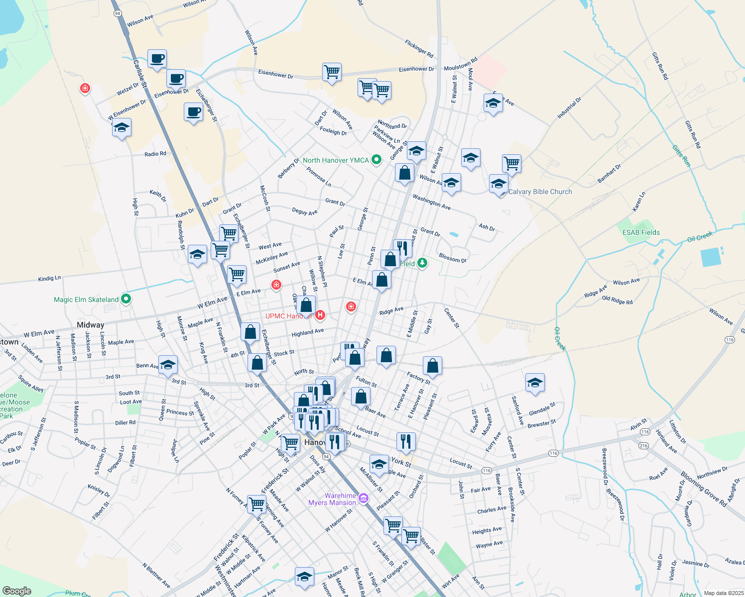 map of restaurants, bars, coffee shops, grocery stores, and more near 630 Broadway in Hanover
