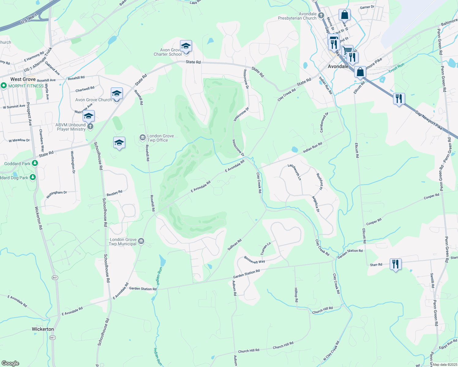 map of restaurants, bars, coffee shops, grocery stores, and more near Yates Terrace in Chester County