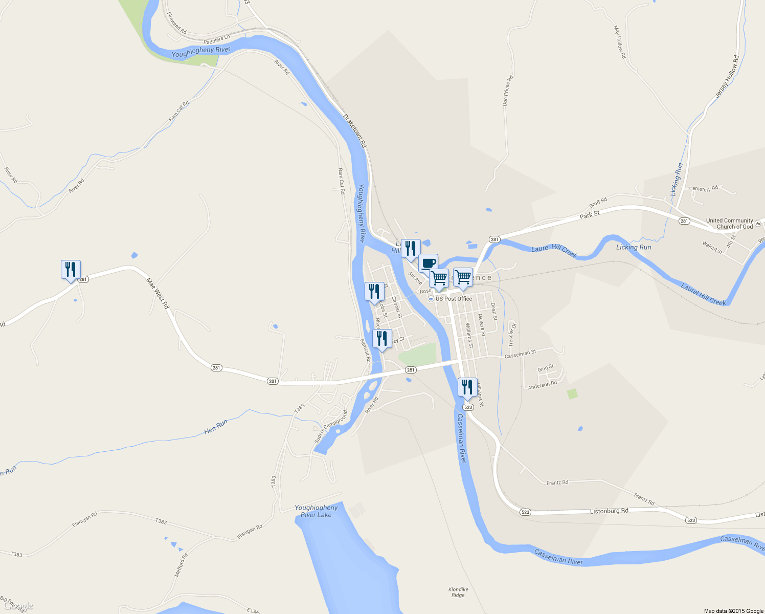 map of restaurants, bars, coffee shops, grocery stores, and more near Jacobs Street in Confluence