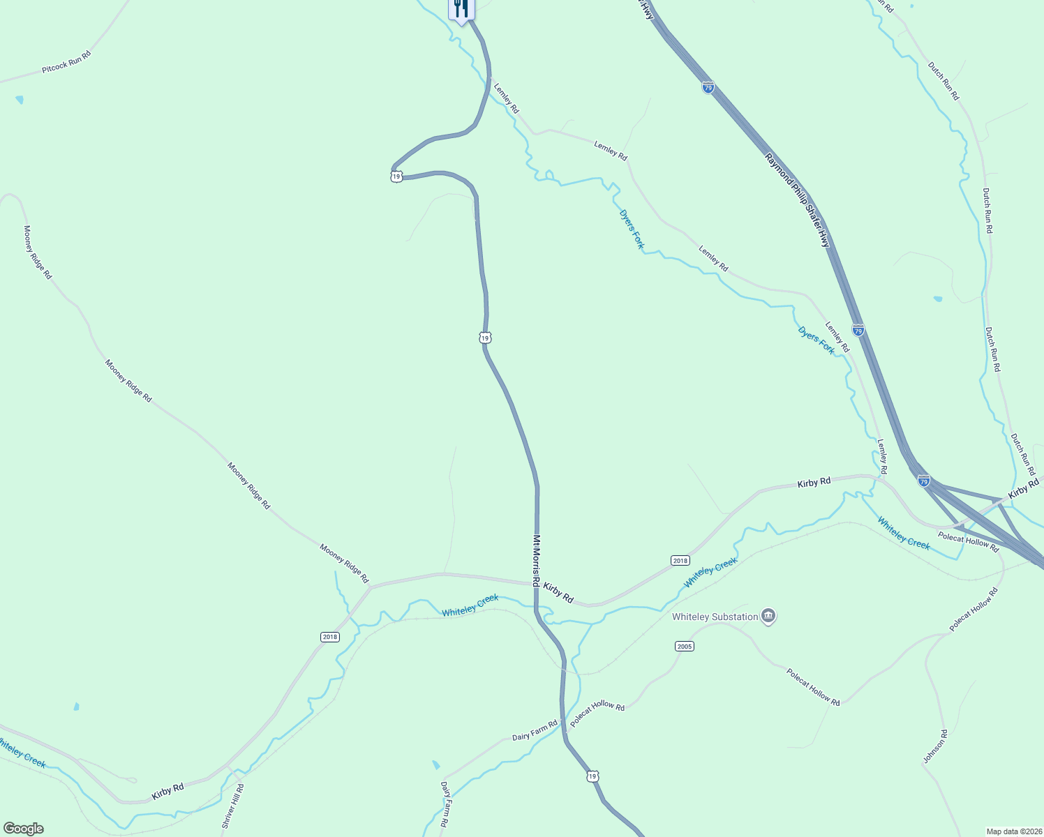 map of restaurants, bars, coffee shops, grocery stores, and more near 1182 Mount Morris Road in Waynesburg