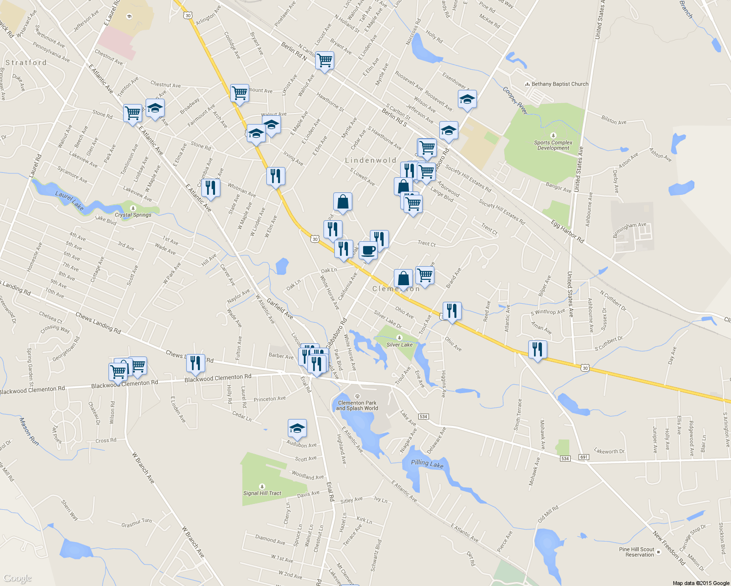 map of restaurants, bars, coffee shops, grocery stores, and more near 244 Gibbsboro Road in Clementon