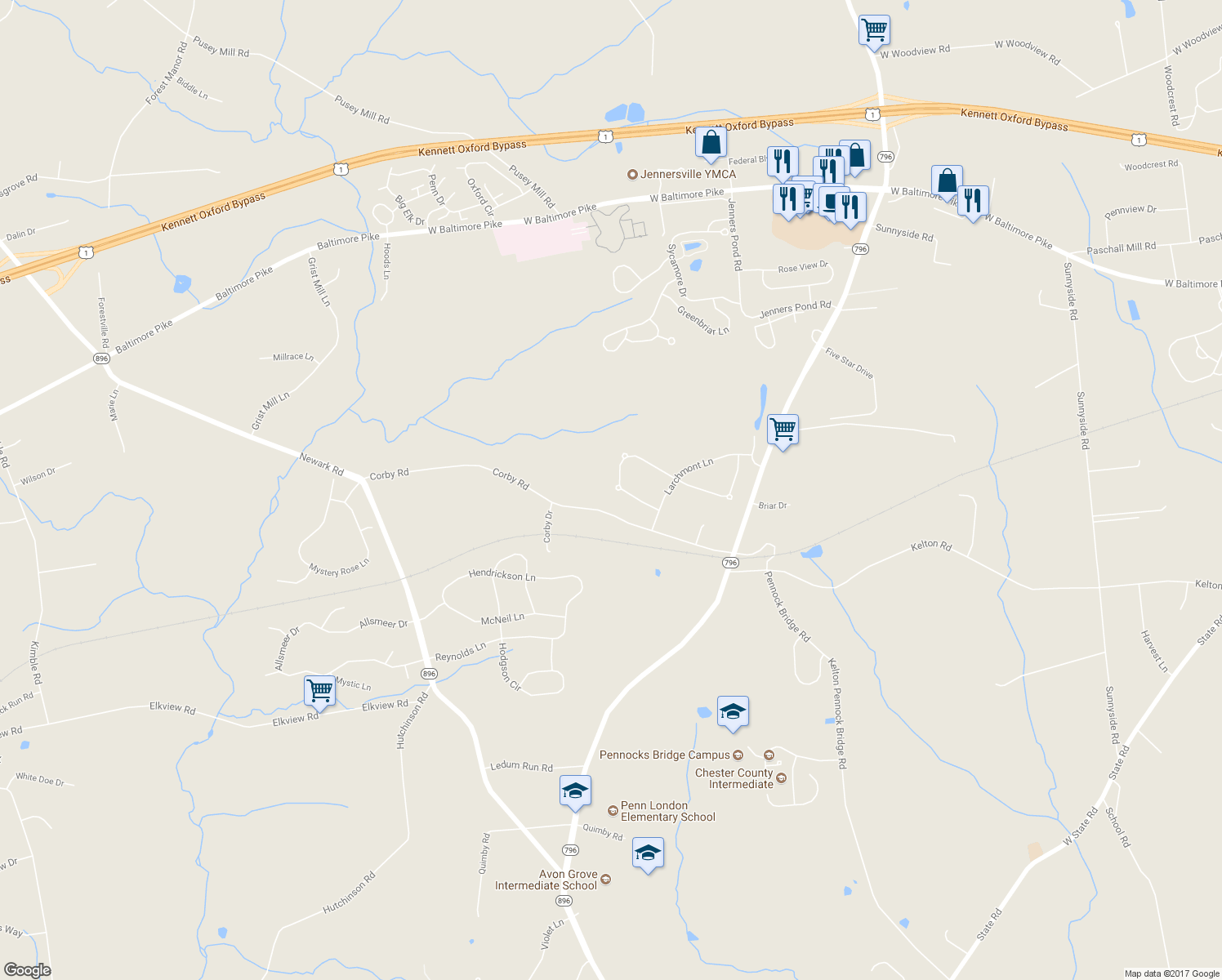 map of restaurants, bars, coffee shops, grocery stores, and more near 430 Dartmouth Lane in West Grove