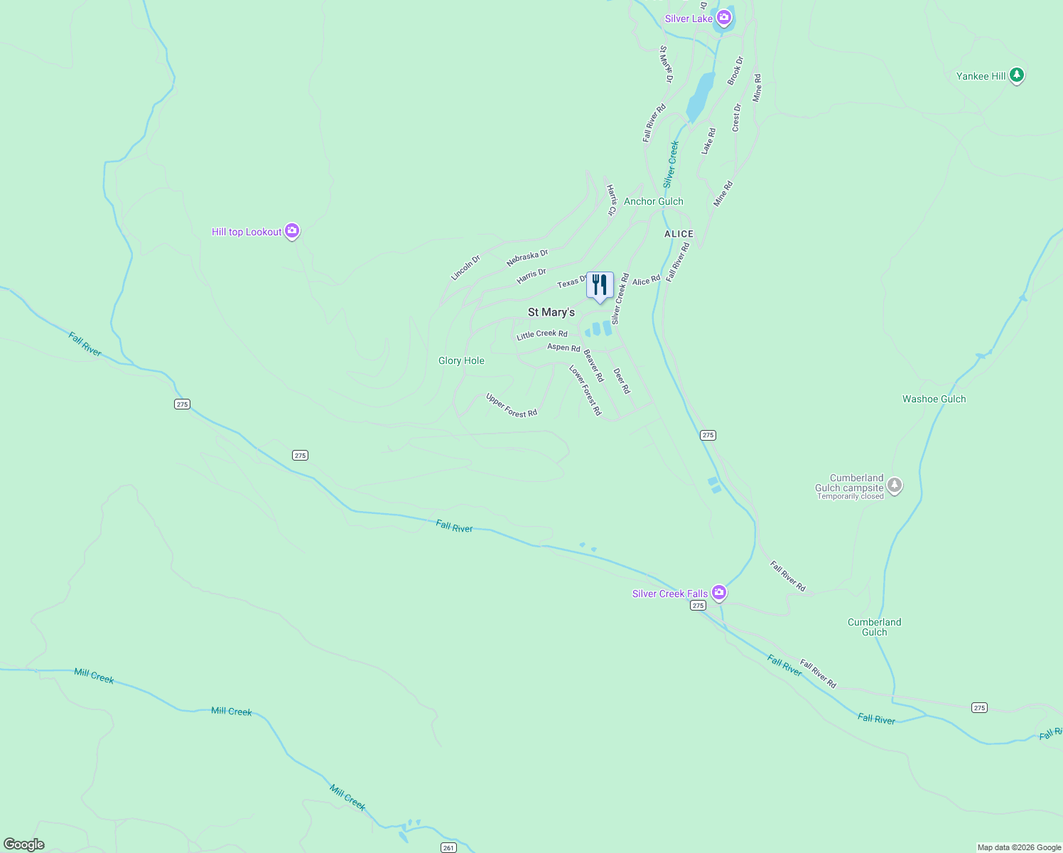 map of restaurants, bars, coffee shops, grocery stores, and more near 1268 Alice Road in Idaho Springs