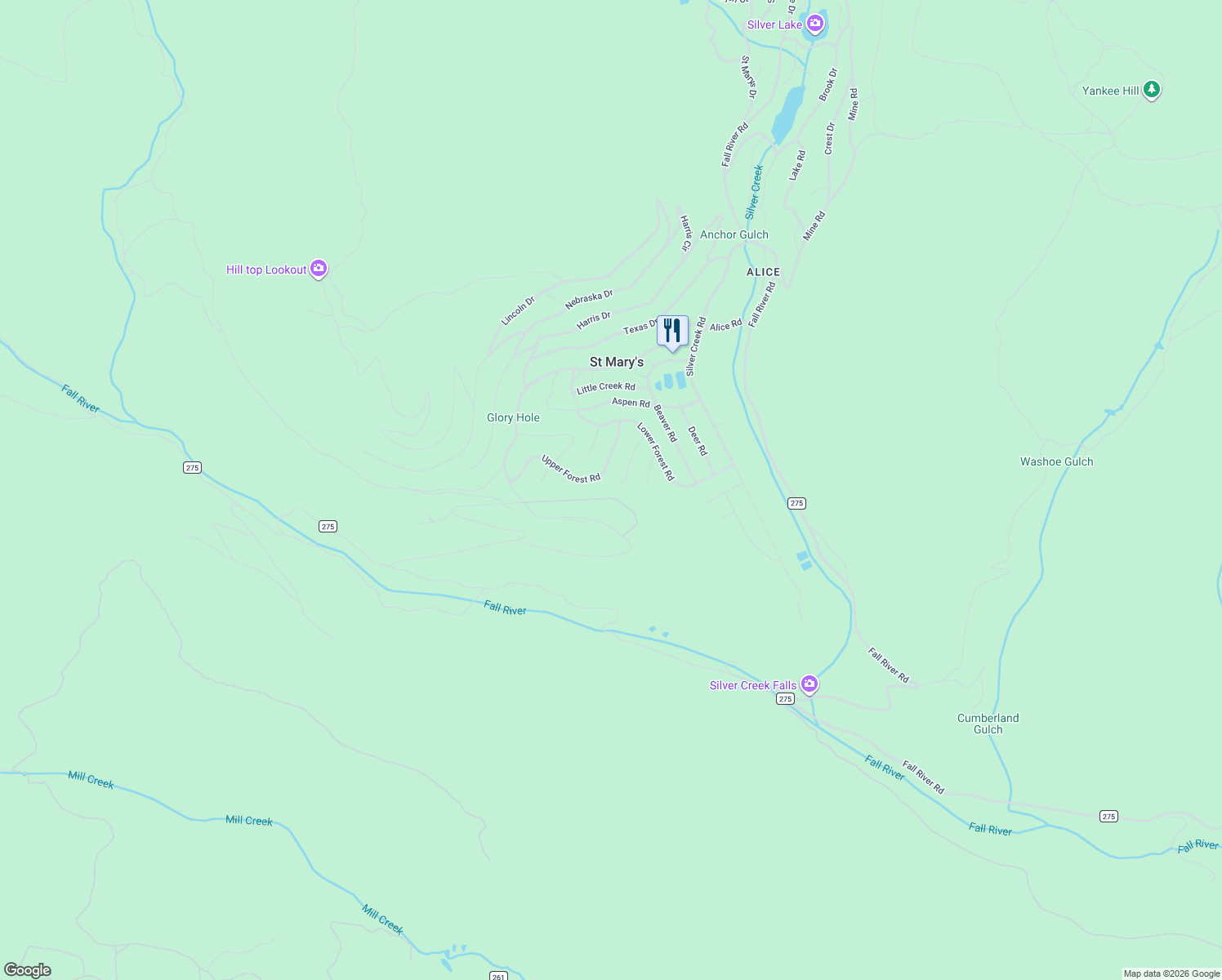 map of restaurants, bars, coffee shops, grocery stores, and more near 1275 Alice Road in Idaho Springs