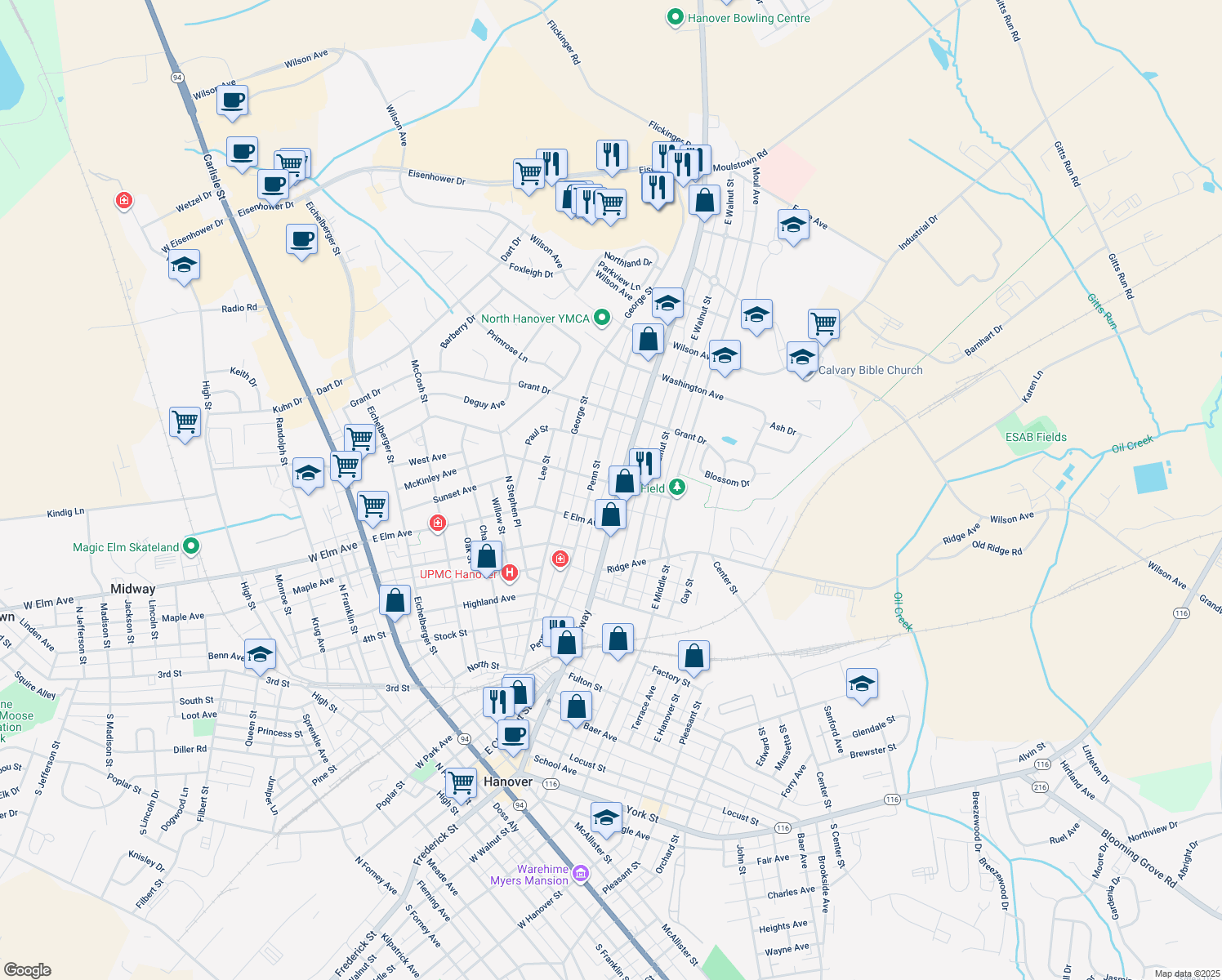 map of restaurants, bars, coffee shops, grocery stores, and more near 672 Broadway in Hanover