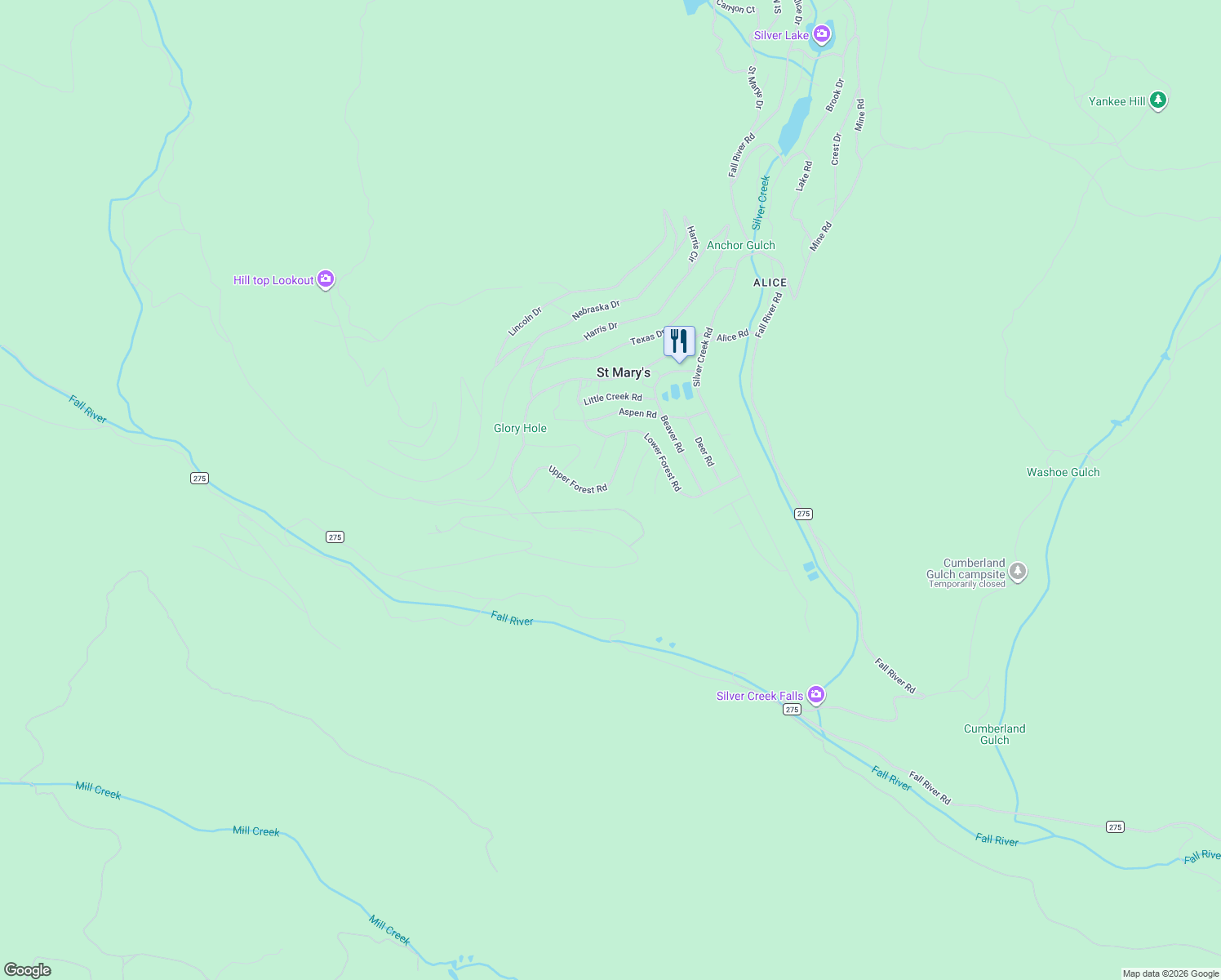 map of restaurants, bars, coffee shops, grocery stores, and more near 1268 Alice Road in Idaho Springs
