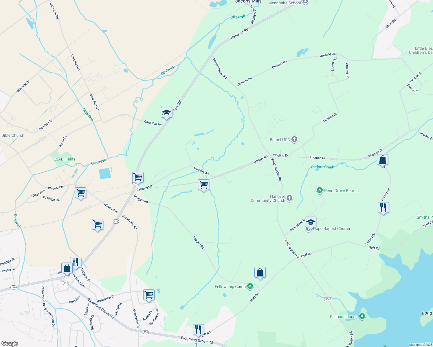 map of restaurants, bars, coffee shops, grocery stores, and more near 6879 Cannery Road in Hanover