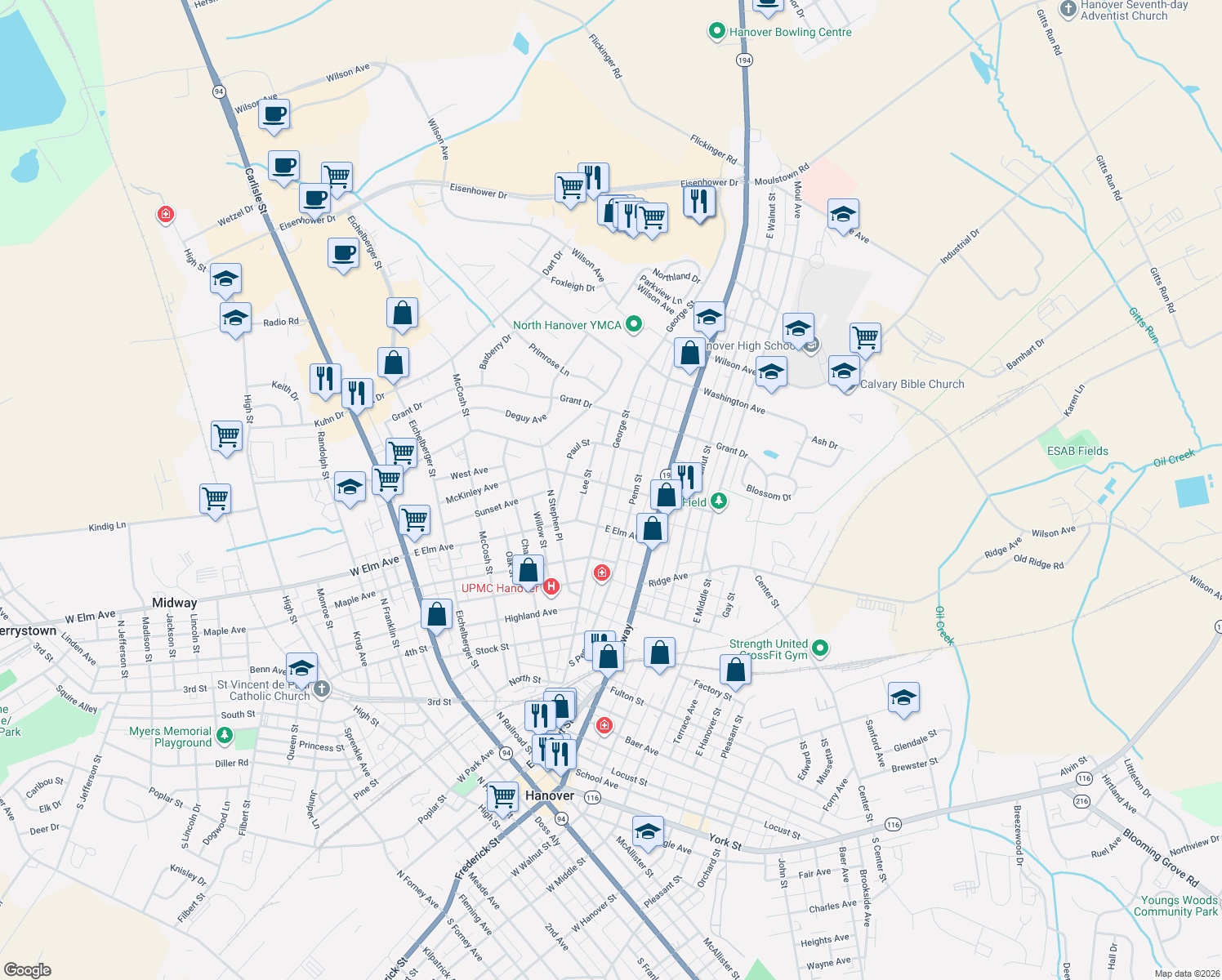 map of restaurants, bars, coffee shops, grocery stores, and more near 233 George St in Hanover