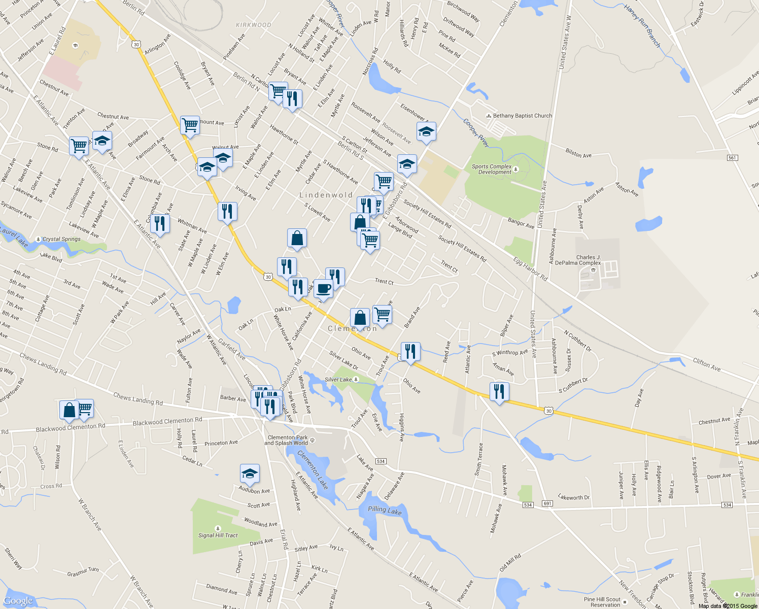 map of restaurants, bars, coffee shops, grocery stores, and more near 66 Watson Boulevard in Clementon