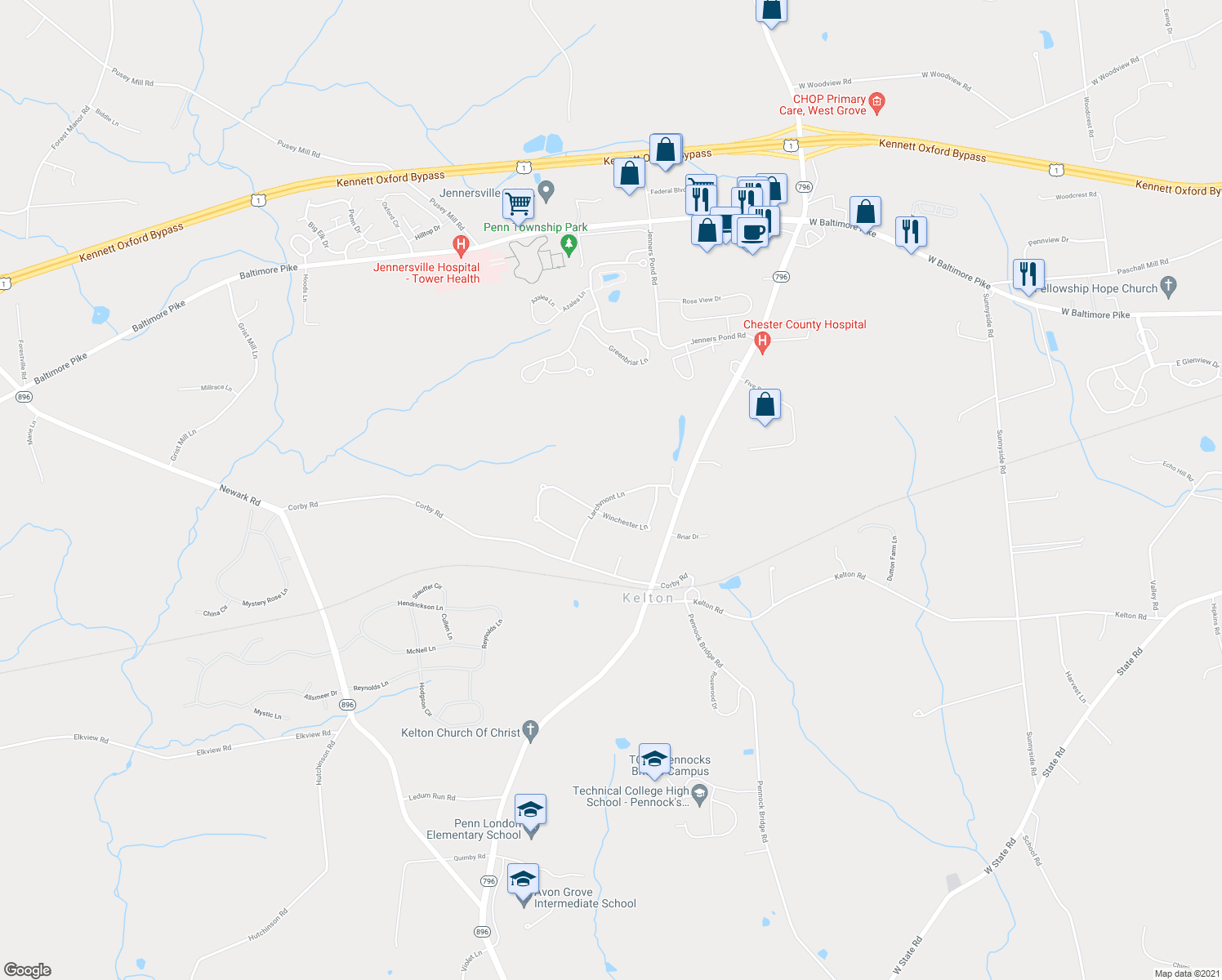 map of restaurants, bars, coffee shops, grocery stores, and more near 220 Larchmont Lane in West Grove
