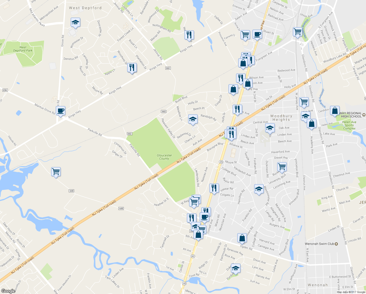 map of restaurants, bars, coffee shops, grocery stores, and more near 3 Pleasant Valley Drive in Woodbury