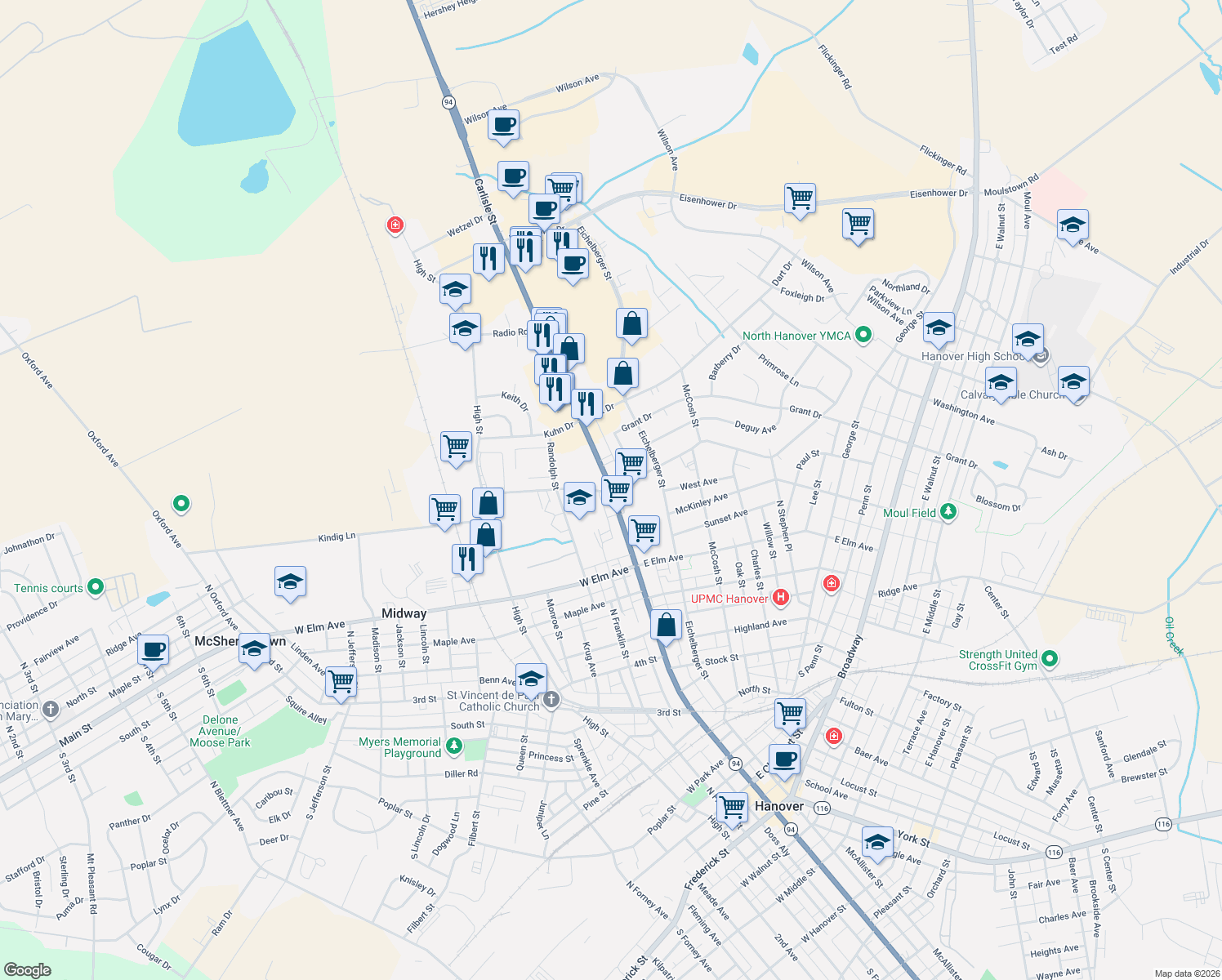 map of restaurants, bars, coffee shops, grocery stores, and more near 217 Potomac Avenue in Hanover