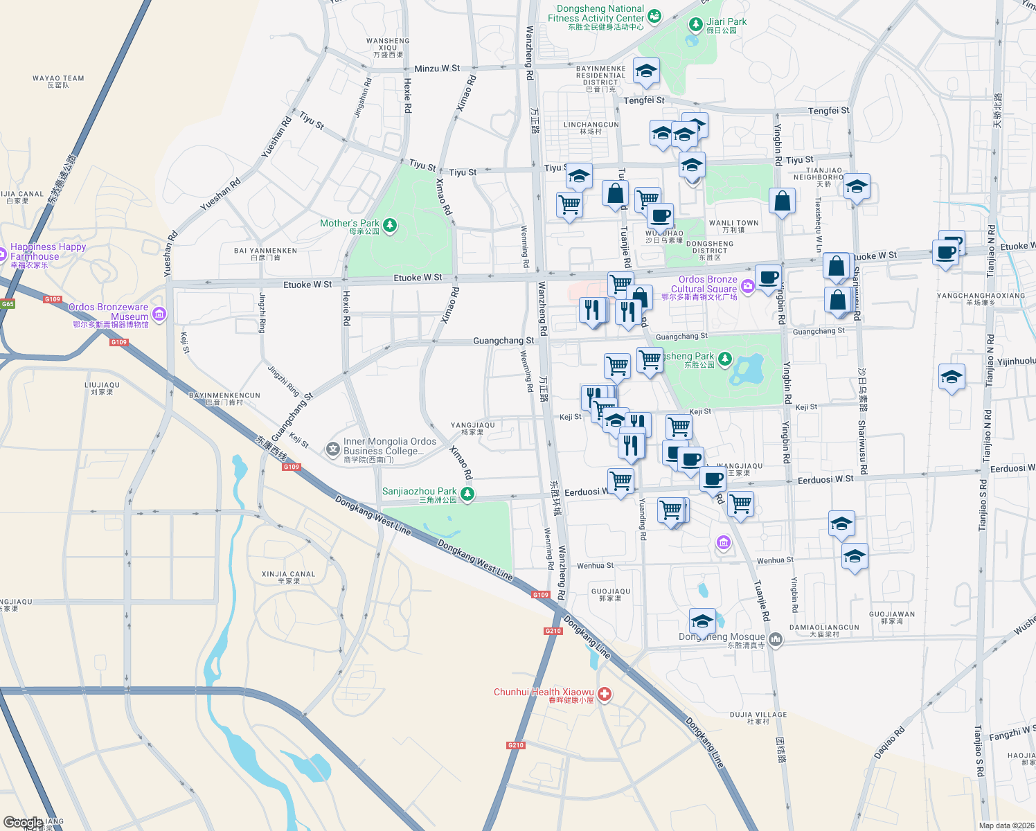 map of restaurants, bars, coffee shops, grocery stores, and more near Ke Ji Jie in E Er Duo Si Shi