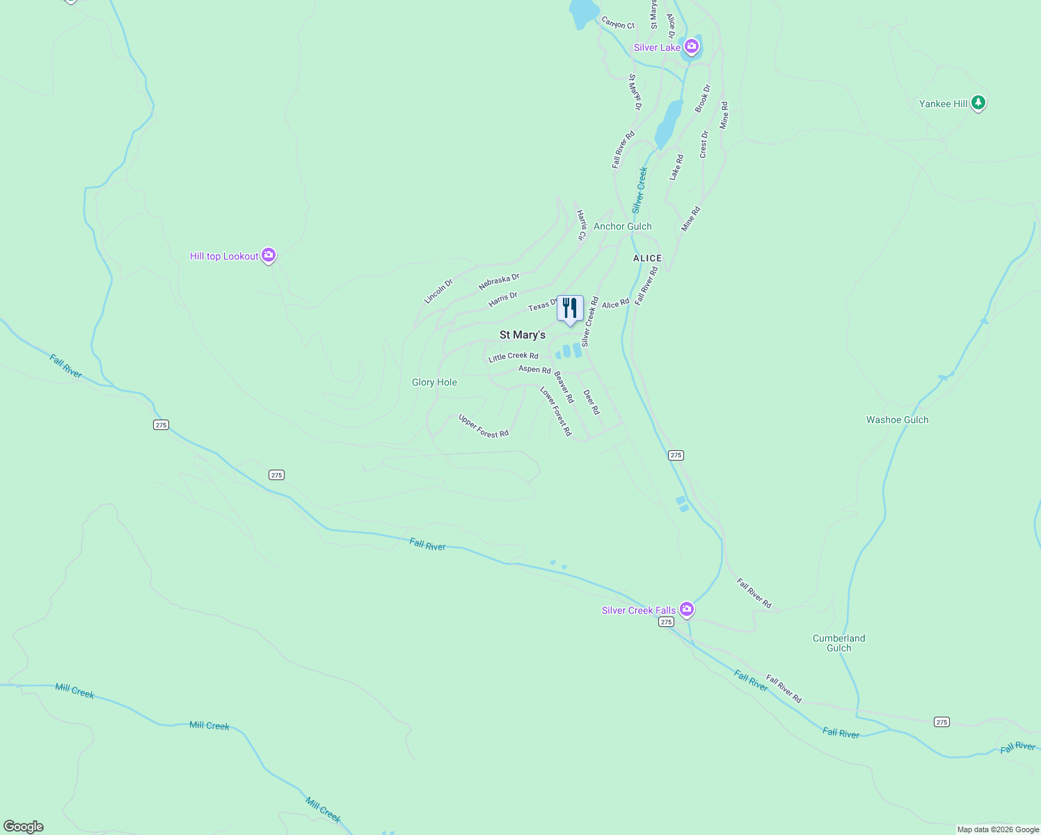 map of restaurants, bars, coffee shops, grocery stores, and more near 1275 Alice Road in Idaho Springs