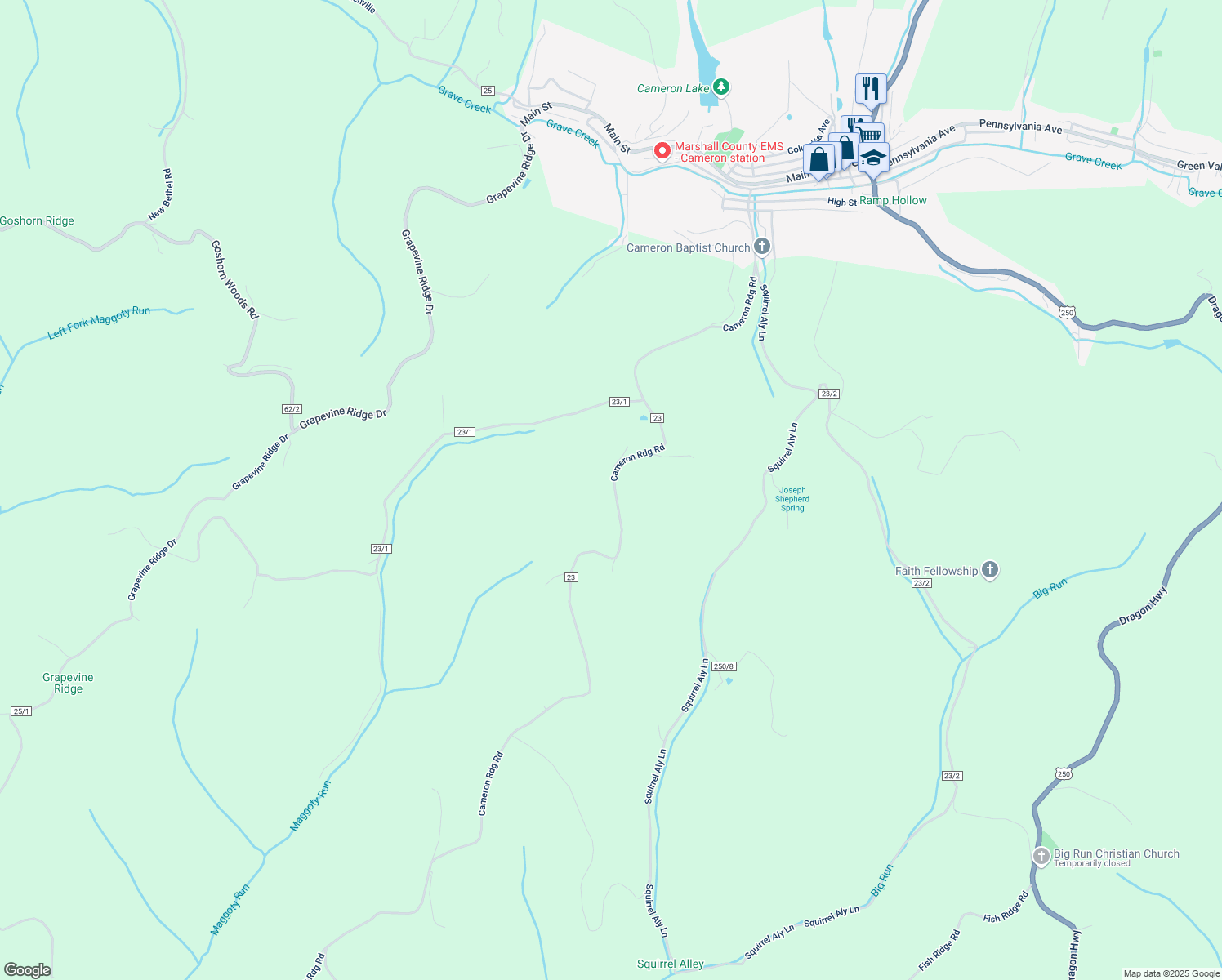 map of restaurants, bars, coffee shops, grocery stores, and more near 629 Cameron Ridge Road in Cameron