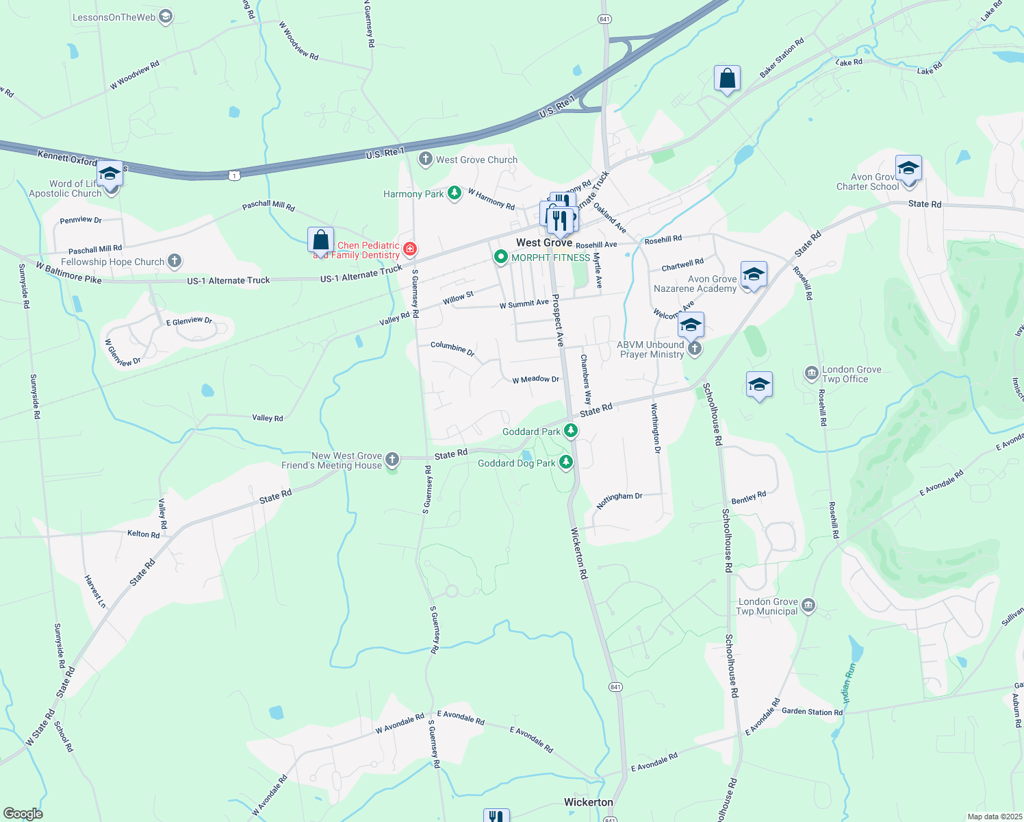 map of restaurants, bars, coffee shops, grocery stores, and more near 100 Marthas Way in West Grove