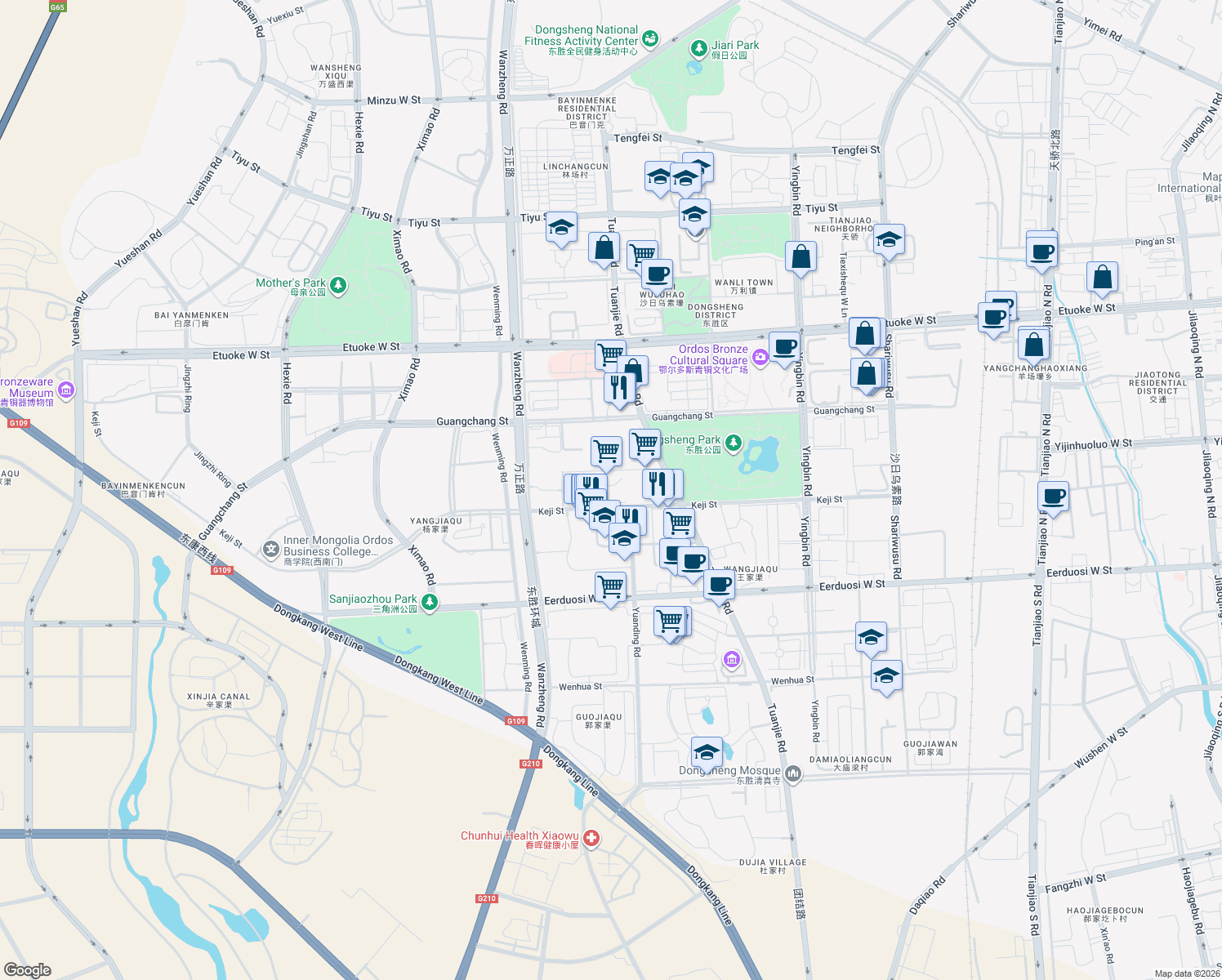 map of restaurants, bars, coffee shops, grocery stores, and more near Ke Ji Jie in E Er Duo Si Shi
