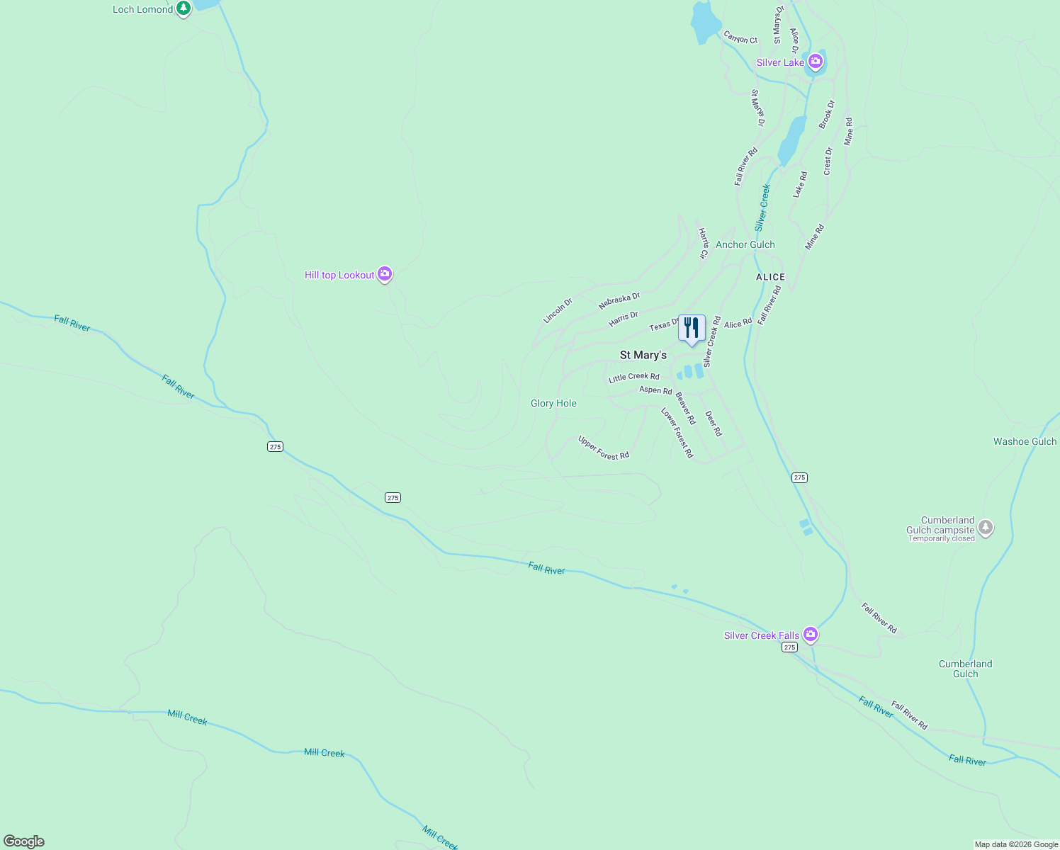 map of restaurants, bars, coffee shops, grocery stores, and more near 896 Alice Road in Idaho Springs