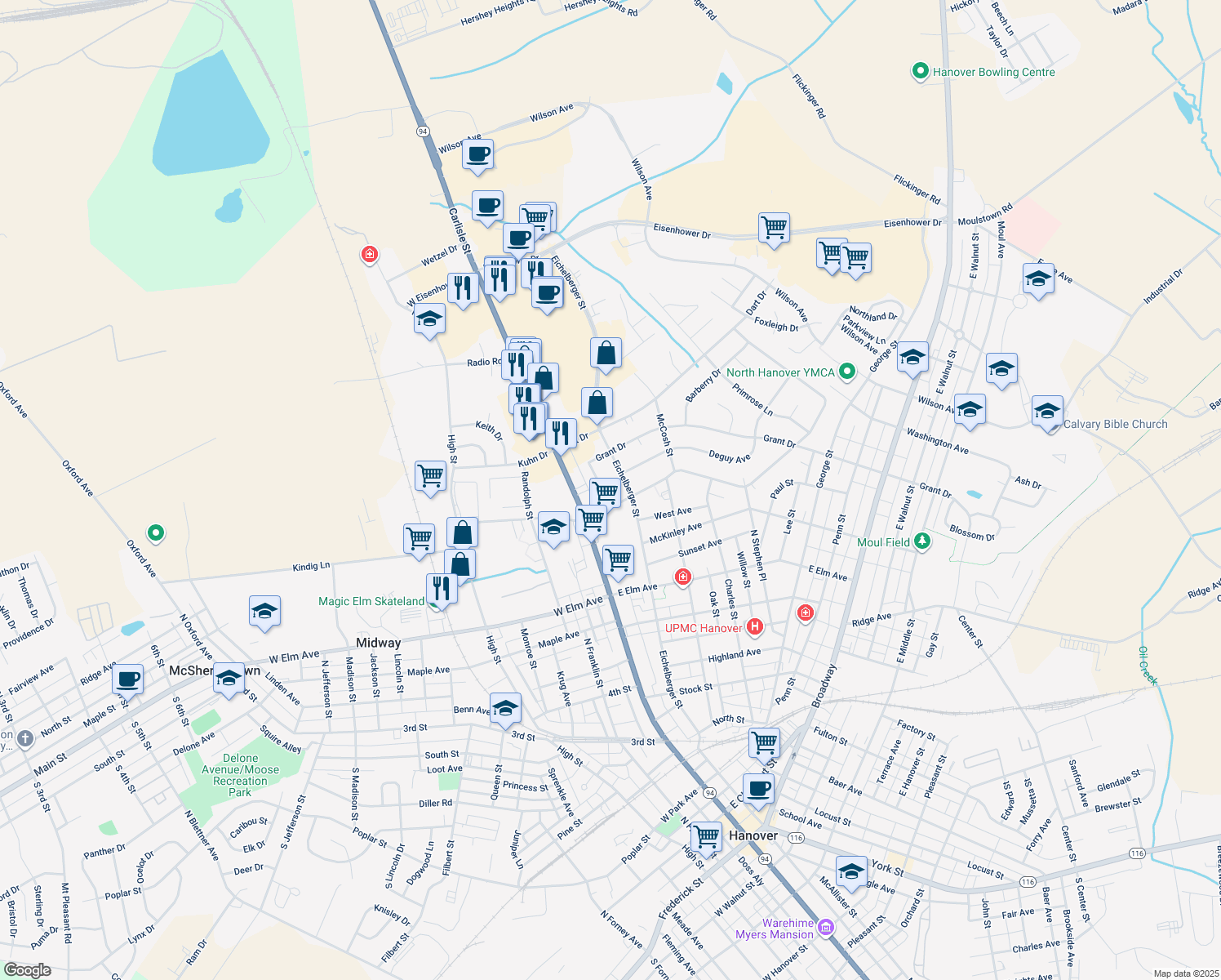 map of restaurants, bars, coffee shops, grocery stores, and more near 905 Sherwood St in Hanover