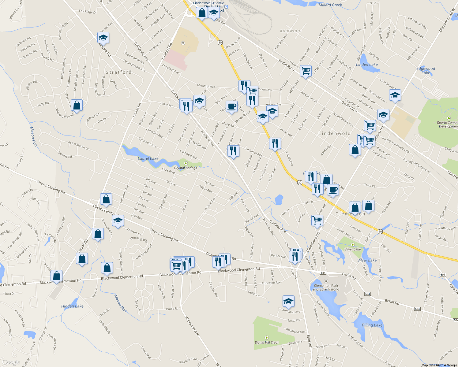 map of restaurants, bars, coffee shops, grocery stores, and more near 83 Carver Ave in Lindenwold