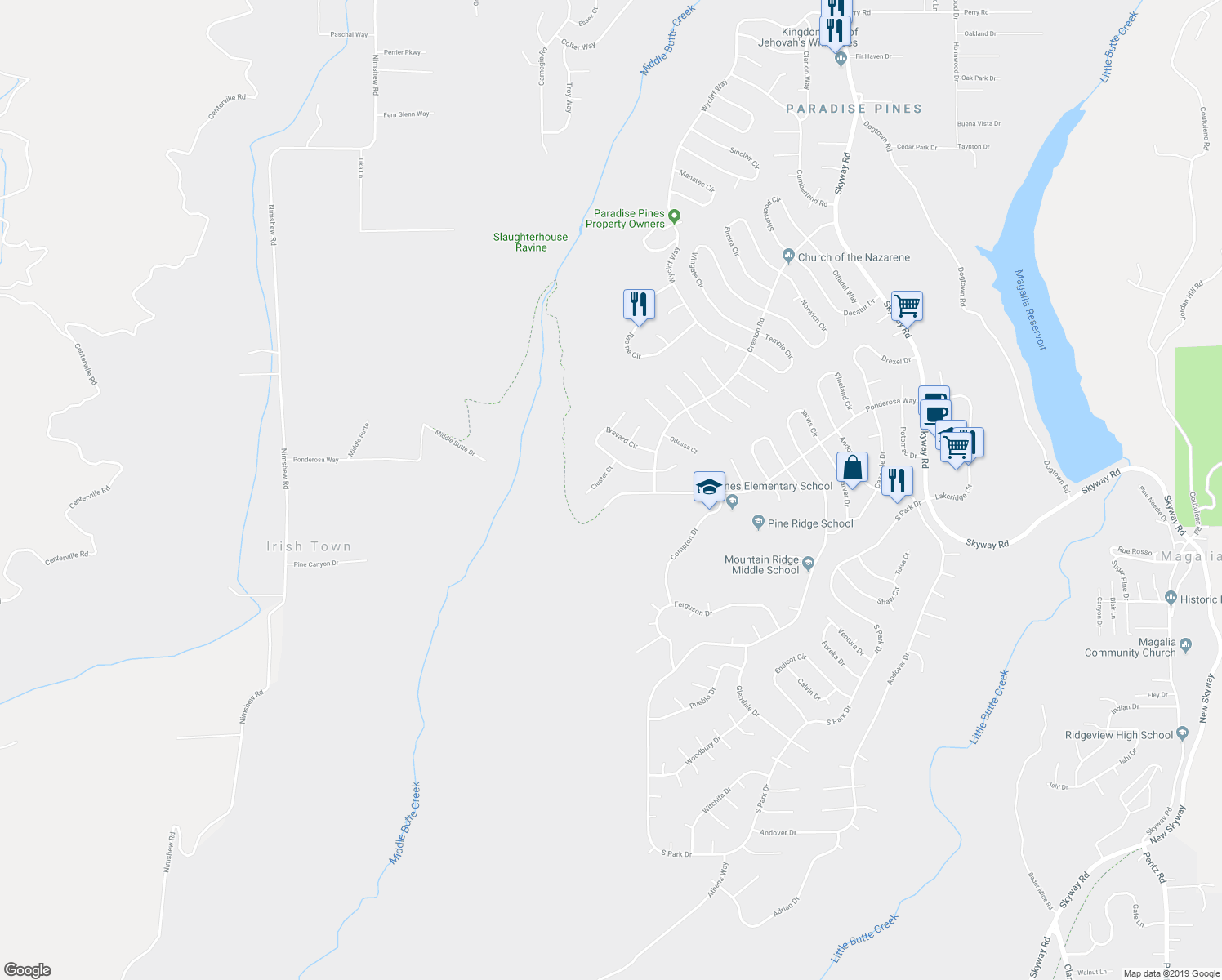 map of restaurants, bars, coffee shops, grocery stores, and more near 6167 Ponderosa Way in Magalia